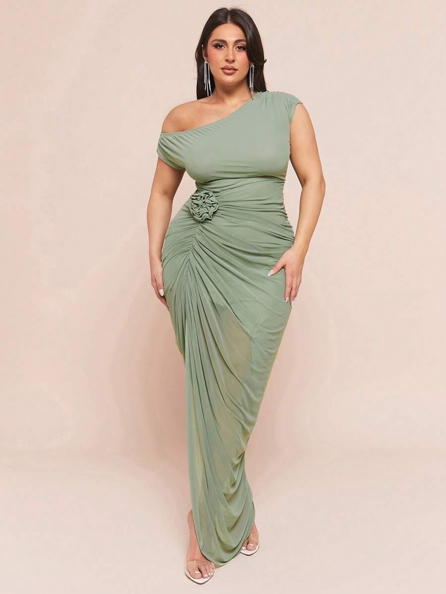 Plus Size Green 3D/Embossed Floral Dress, Elegant Long Dress,