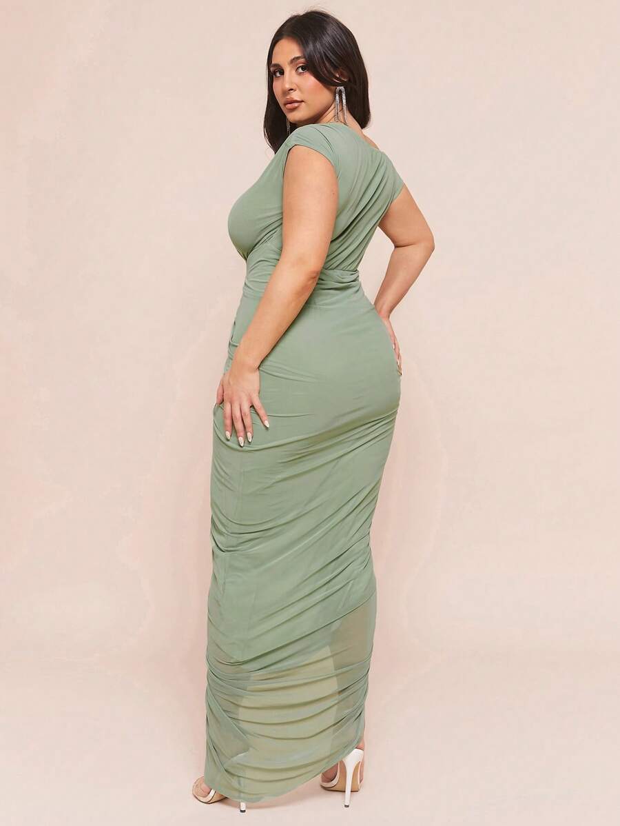 Plus Size Green 3D/Embossed Floral Dress, Elegant Long Dress,