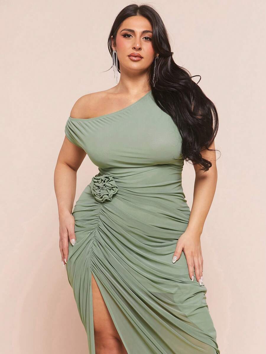 Plus Size Green 3D/Embossed Floral Dress, Elegant Long Dress,