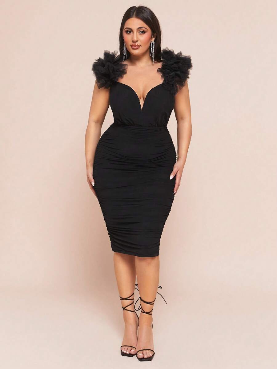 Plus Size Women's Black Underwire One-Shoulder Midi Dress