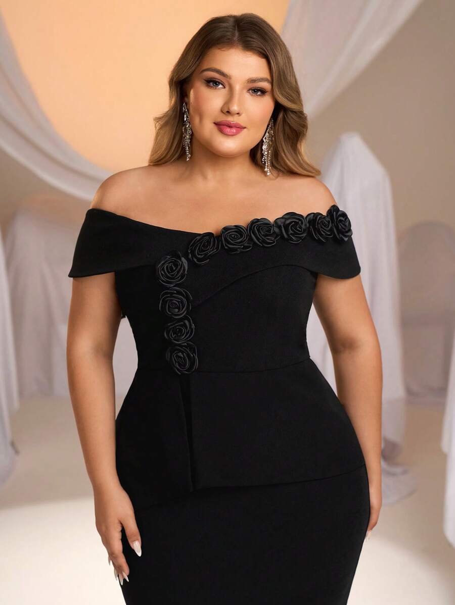 Plus Size Women's Black Underwire One-Shoulder Midi Dress
