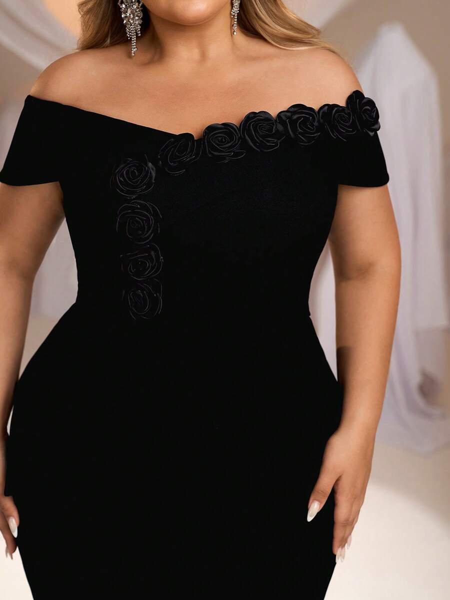 Plus Size Black 3D Floral Decor Off-Shoulder Formal Evening Dress