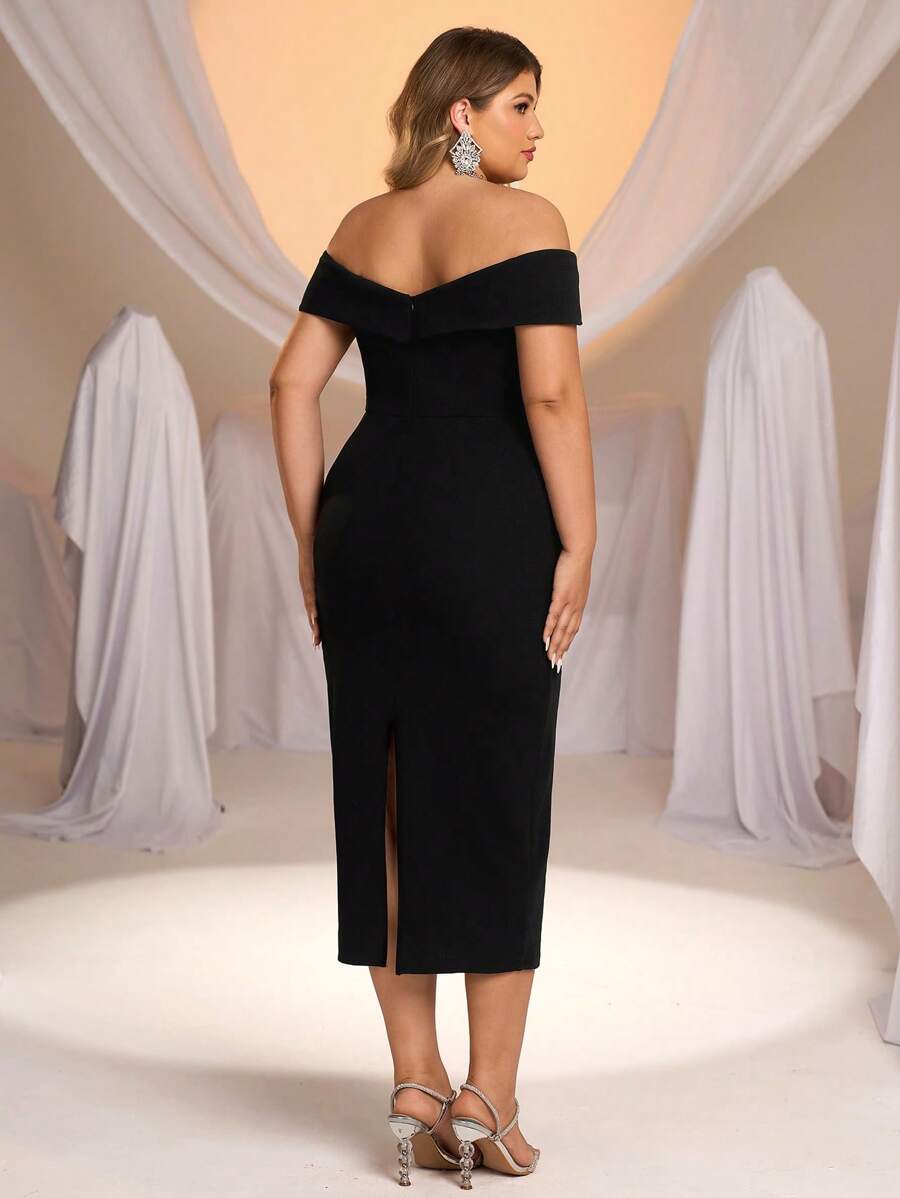 Plus Size Black 3D Floral Decor Off-Shoulder Formal Evening Dress