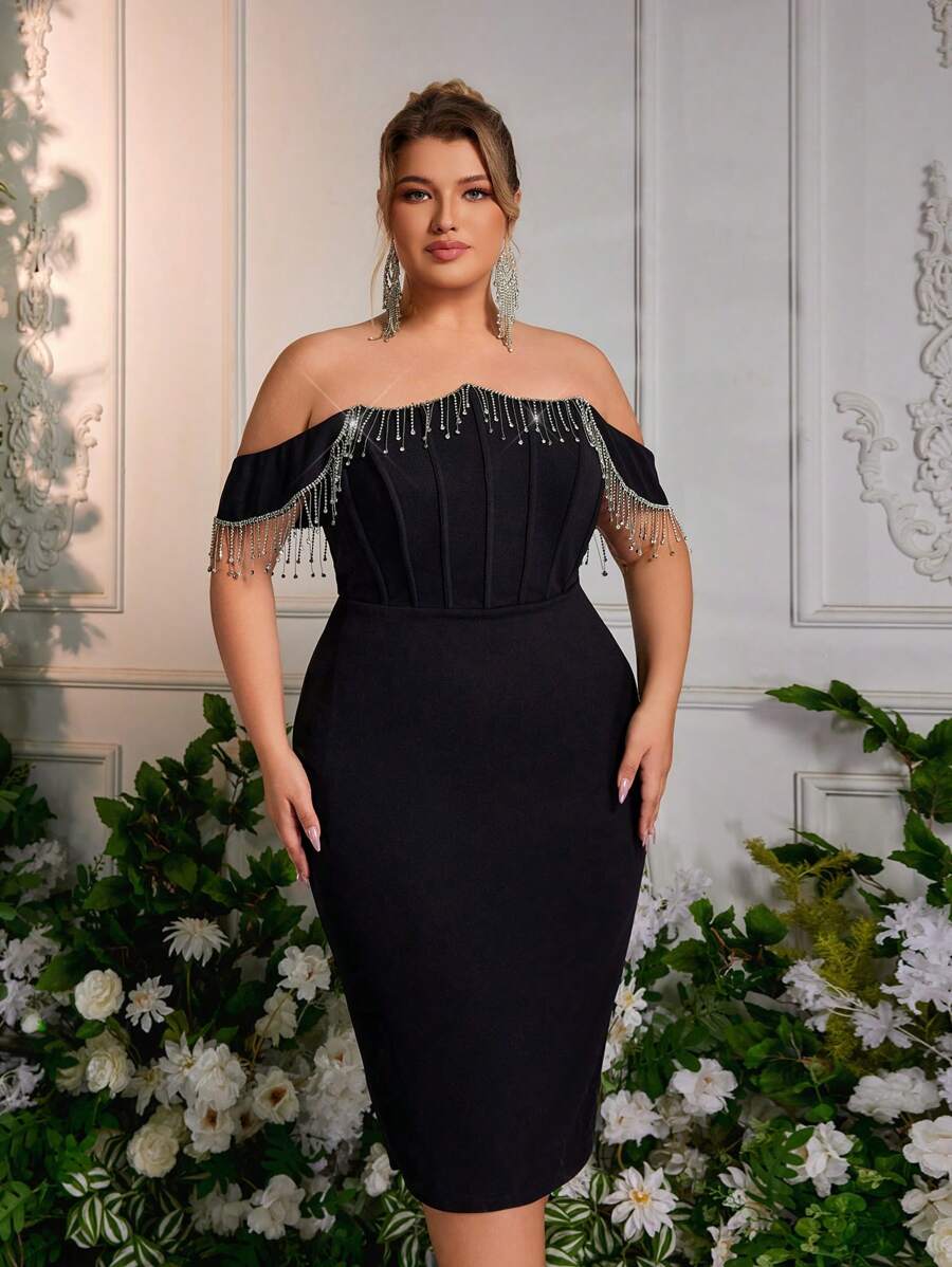 Plus Size Elegant Black Handmade Rhinestone Embellished Off-The-ShoulderEvening Dress
