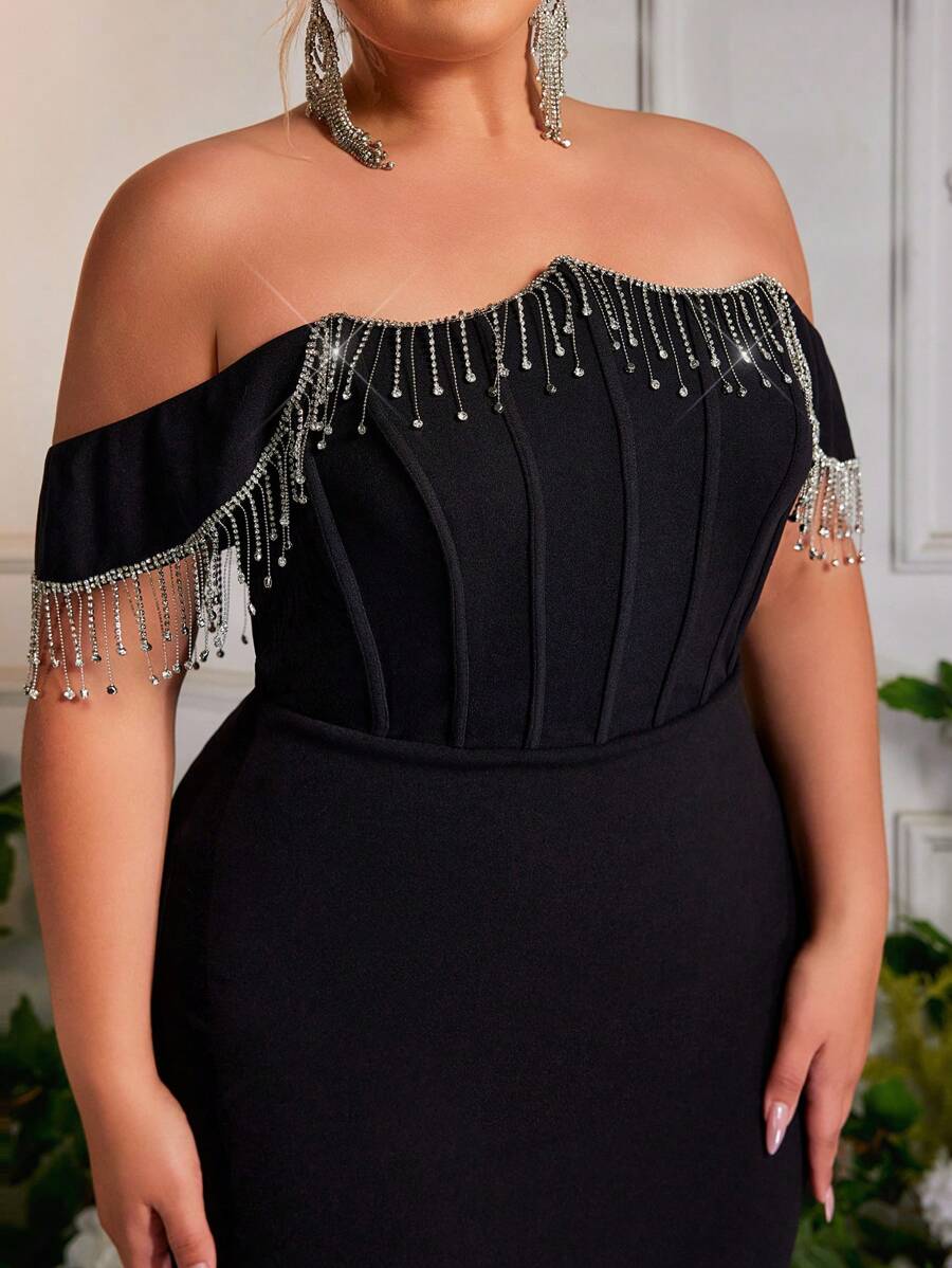 Plus Size Elegant Black Handmade Rhinestone Embellished Off-The-ShoulderEvening Dress