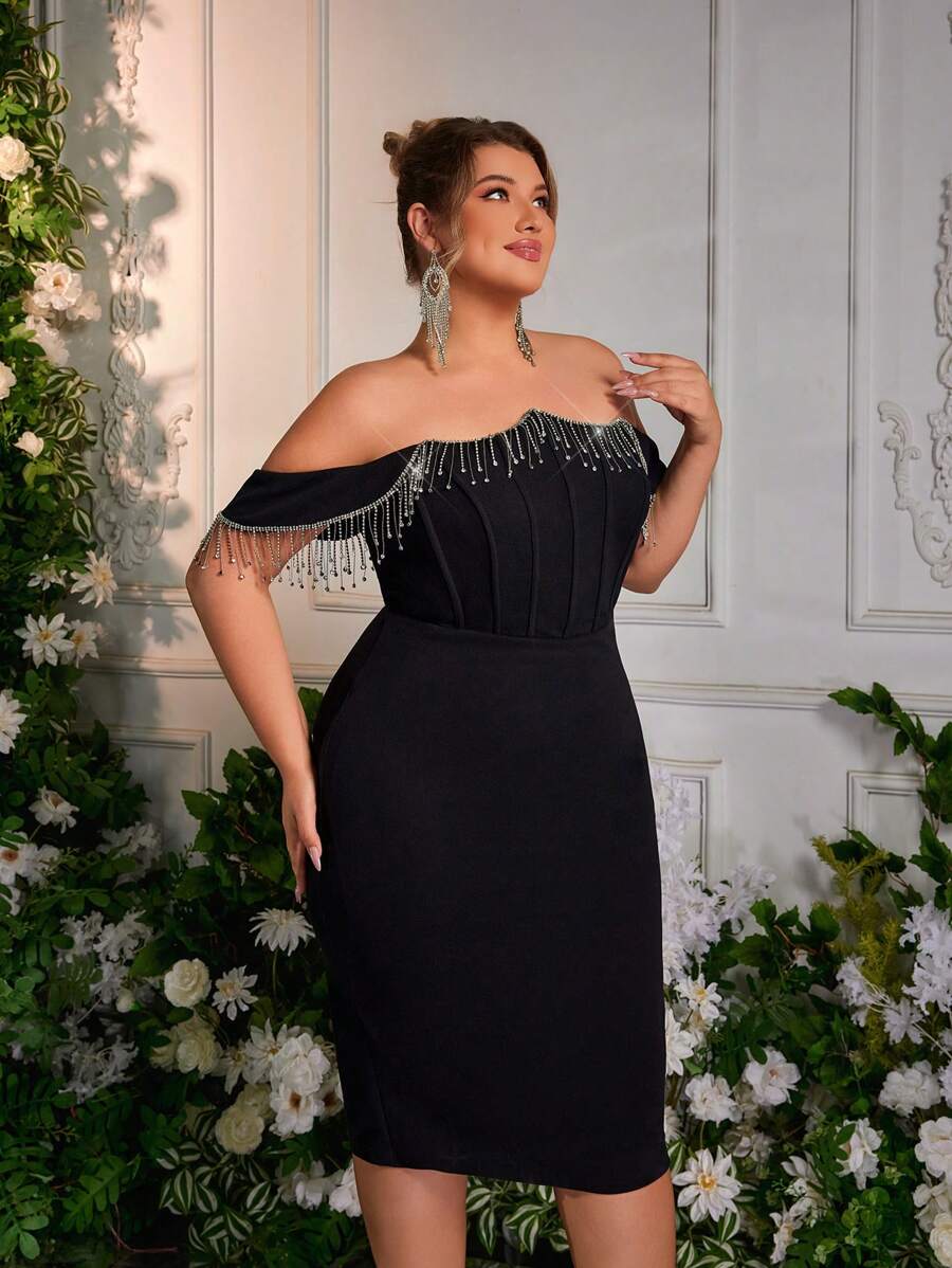 Plus Size Elegant Black Handmade Rhinestone Embellished Off-The-ShoulderEvening Dress