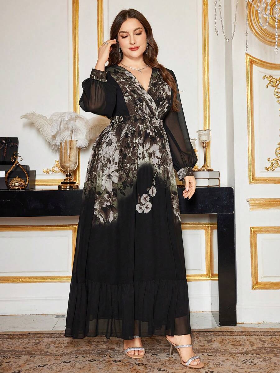 V-Neck Long Sleeve Floral Evening Dress