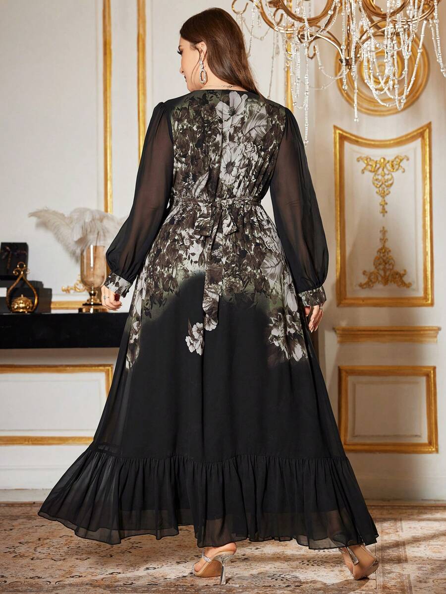 V-Neck Long Sleeve Floral Evening Dress