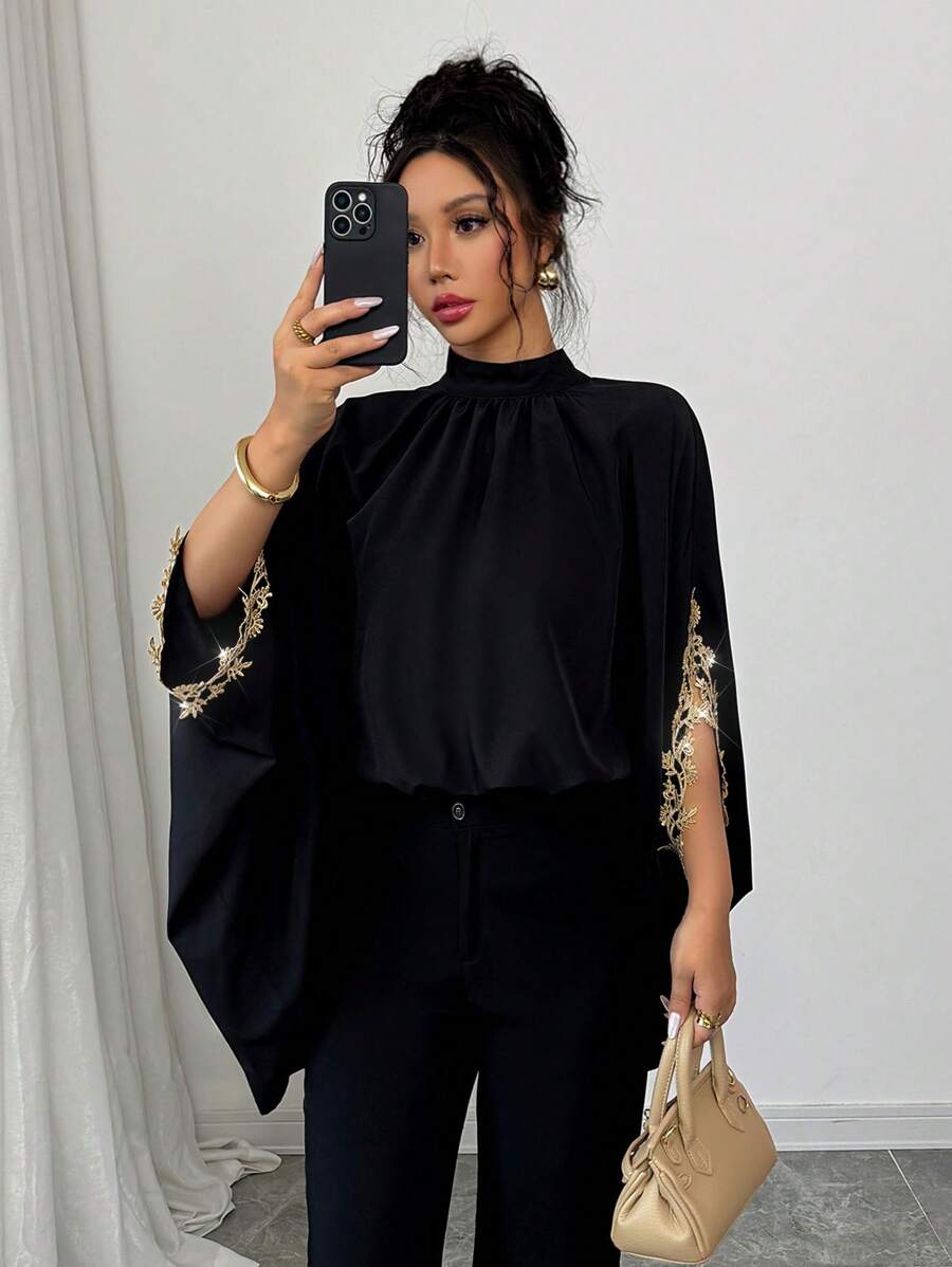 Batwing Sleeve Black Designed Loose Elegant Floral Lace Trim Blouse