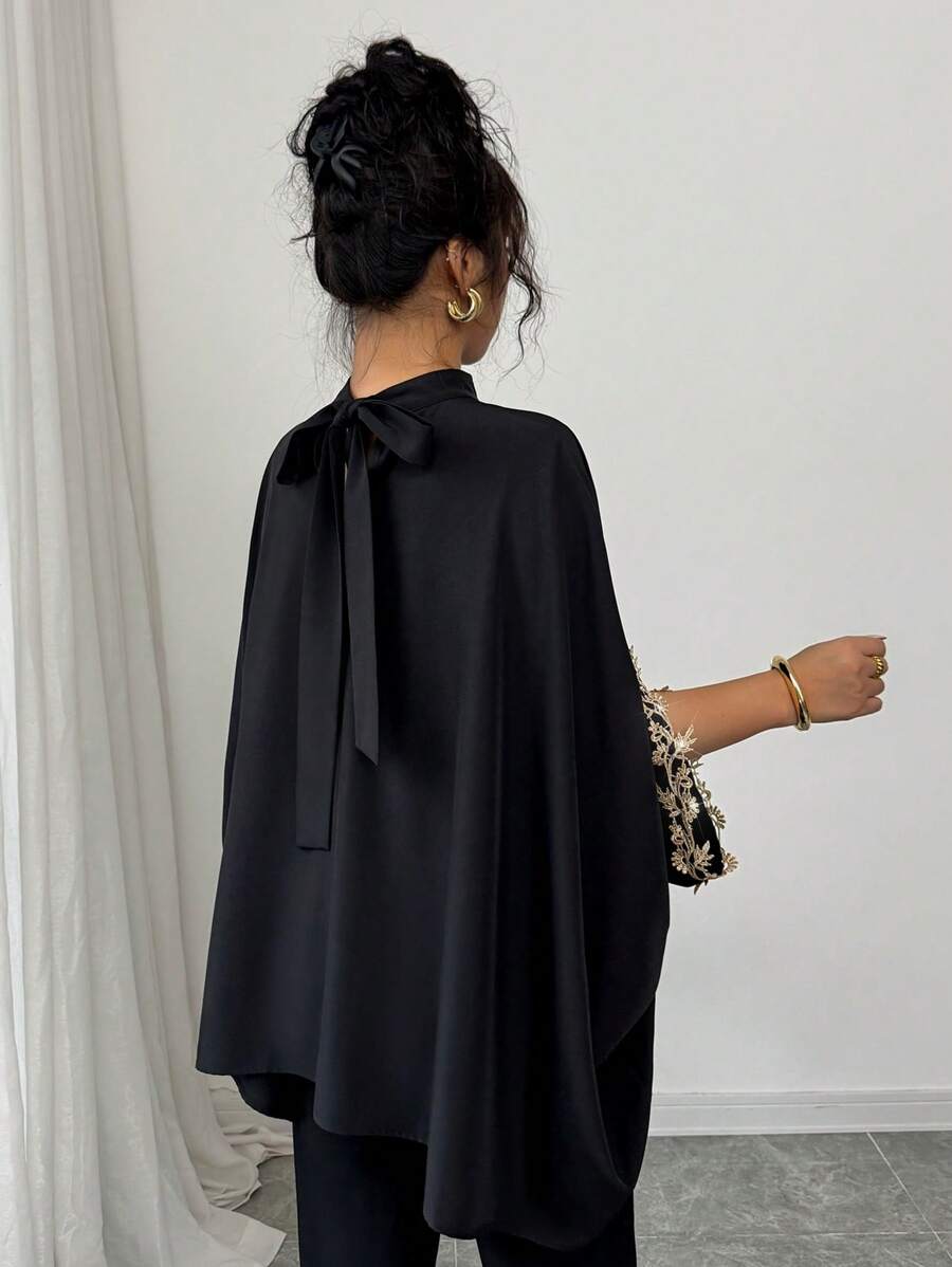 Batwing Sleeve Black Designed Loose Elegant Floral Lace Trim Blouse