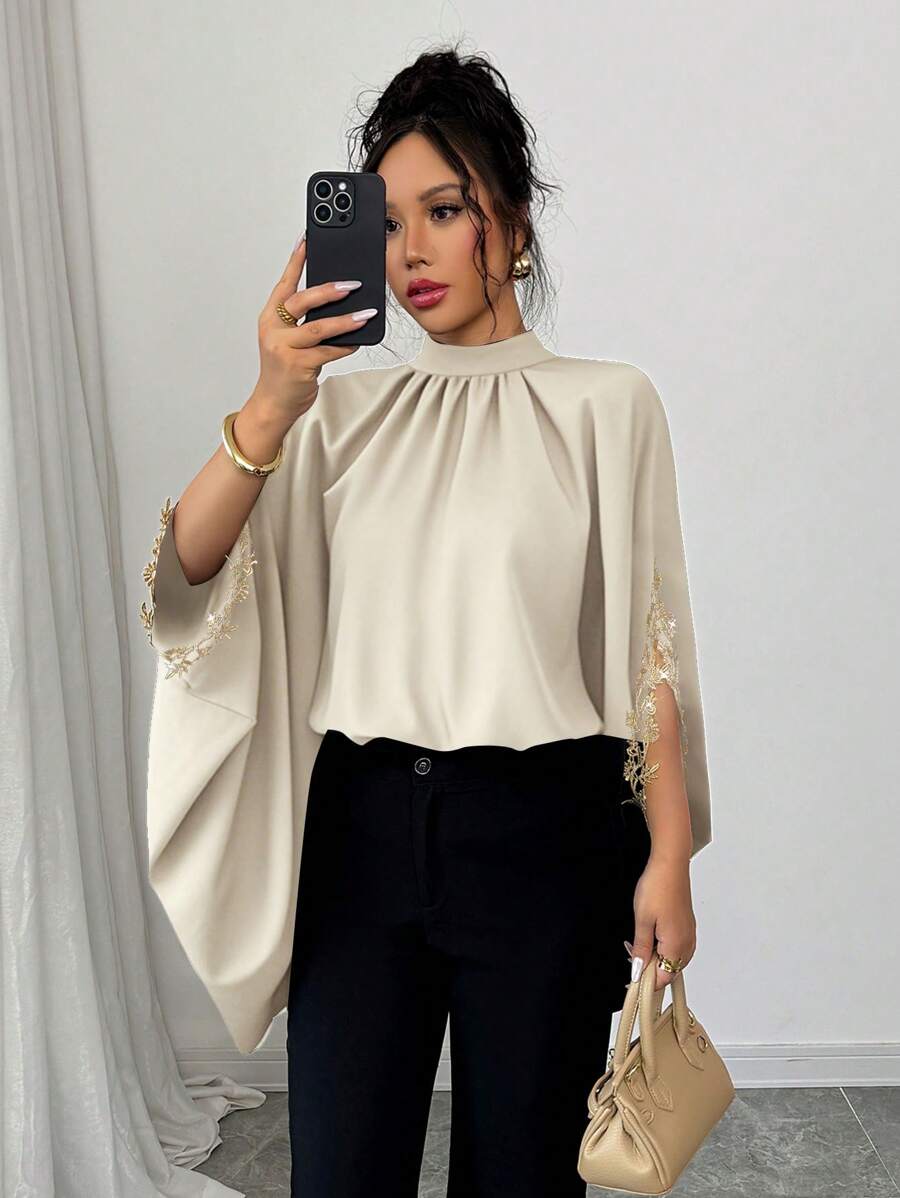 Batwing Sleeve Black Designed Loose Elegant Floral Lace Trim Blouse