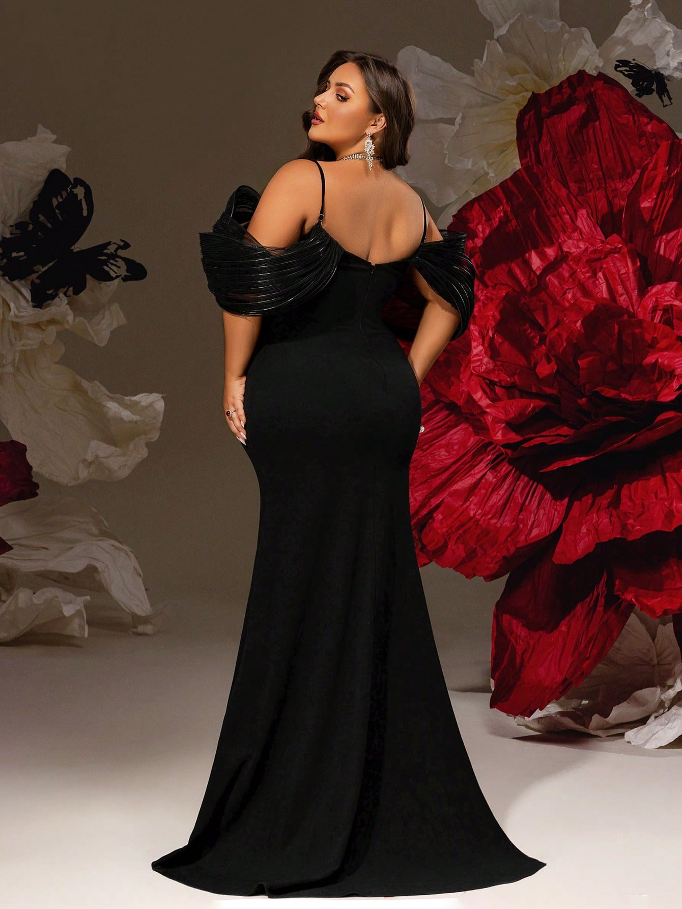 Plus Size Sexy Black Off Shoulder With Sheer Mesh Sleeves Evening Dress