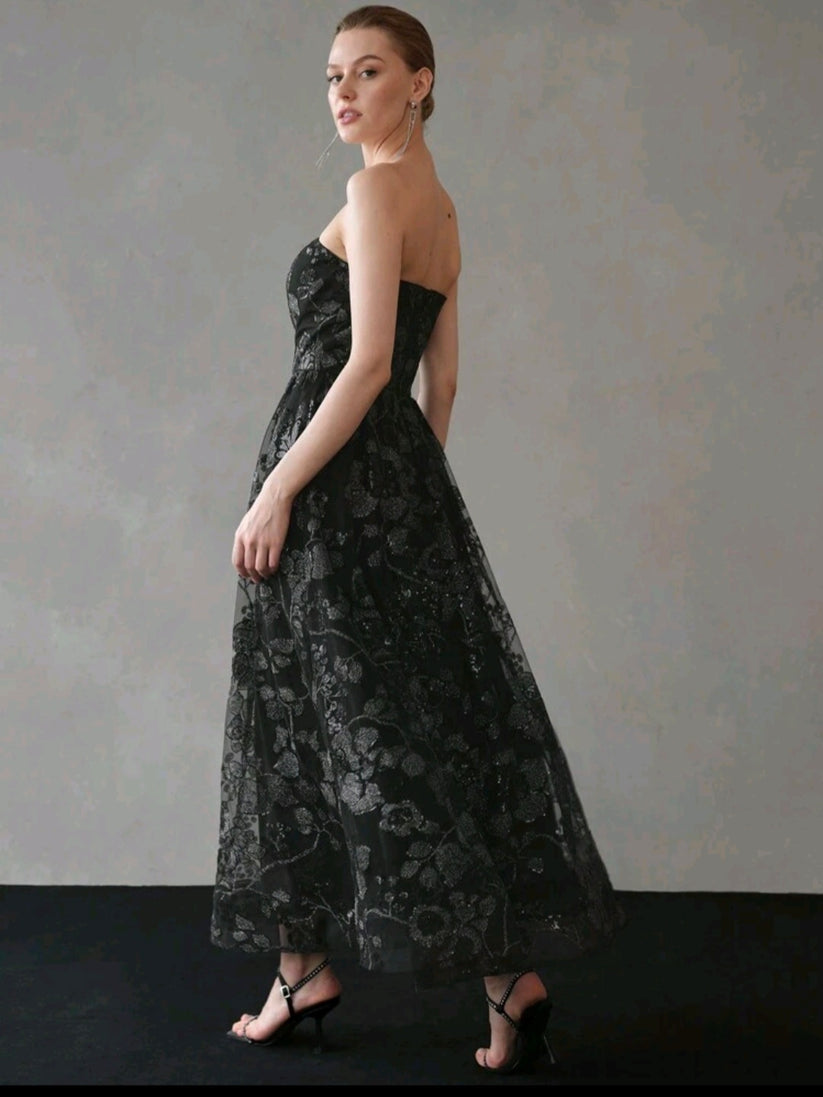 Sequin Mesh Overlay Flate Hem Tube Evening Dress