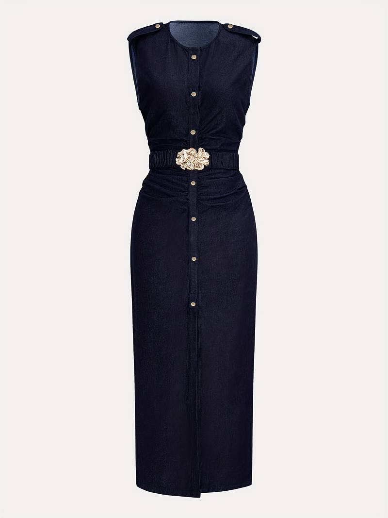 French Metal Button Waist Cinched Sleeveless Bodycon Dress