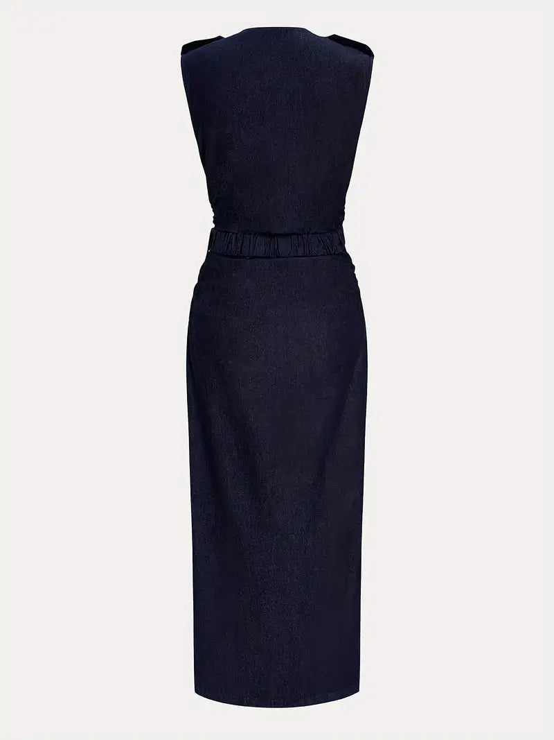 French Metal Button Waist Cinched Sleeveless Bodycon Dress