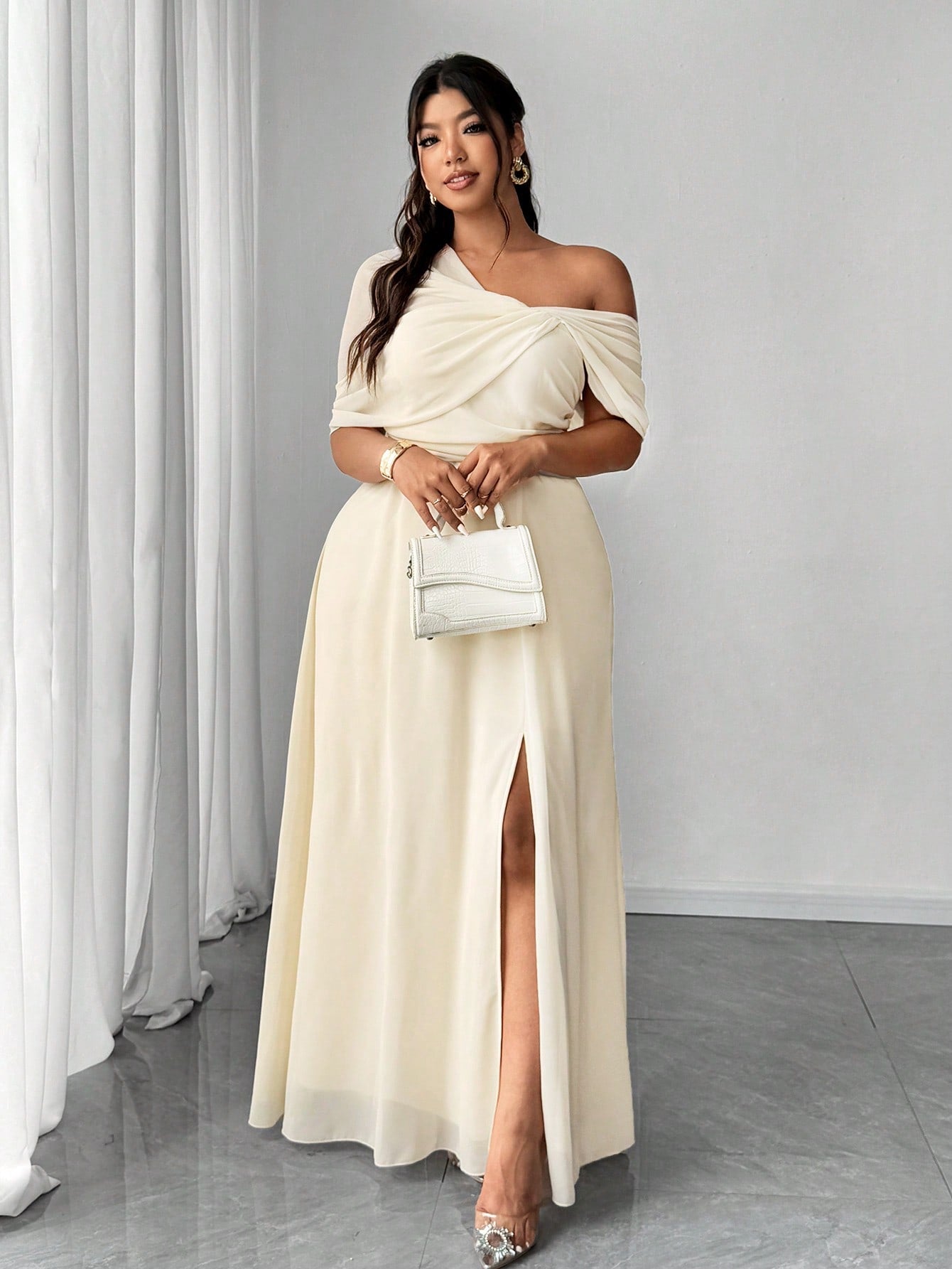 Plus Size Chiffon One Shoulder Slit Midi Dress