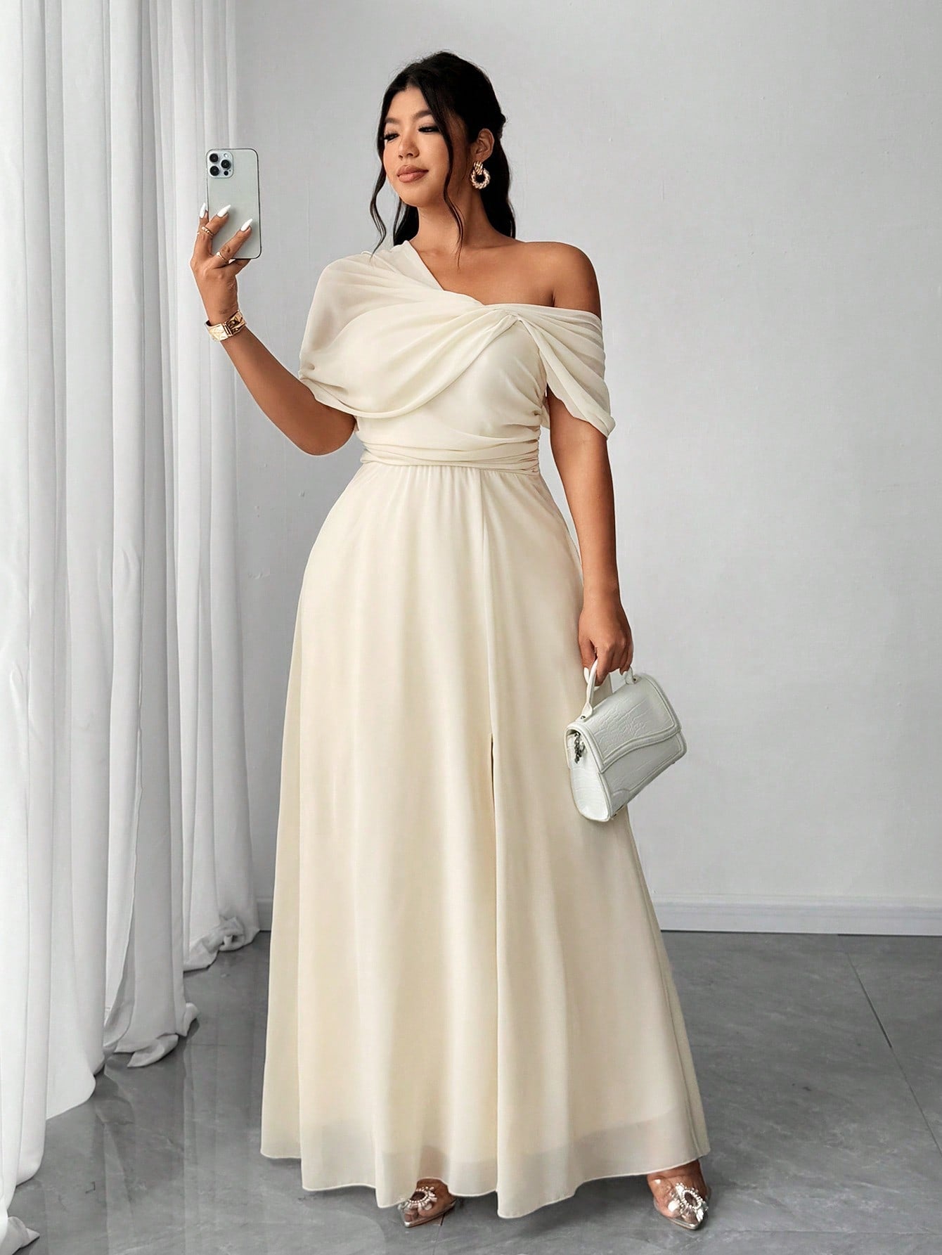 Plus Size Chiffon One Shoulder Slit Midi Dress
