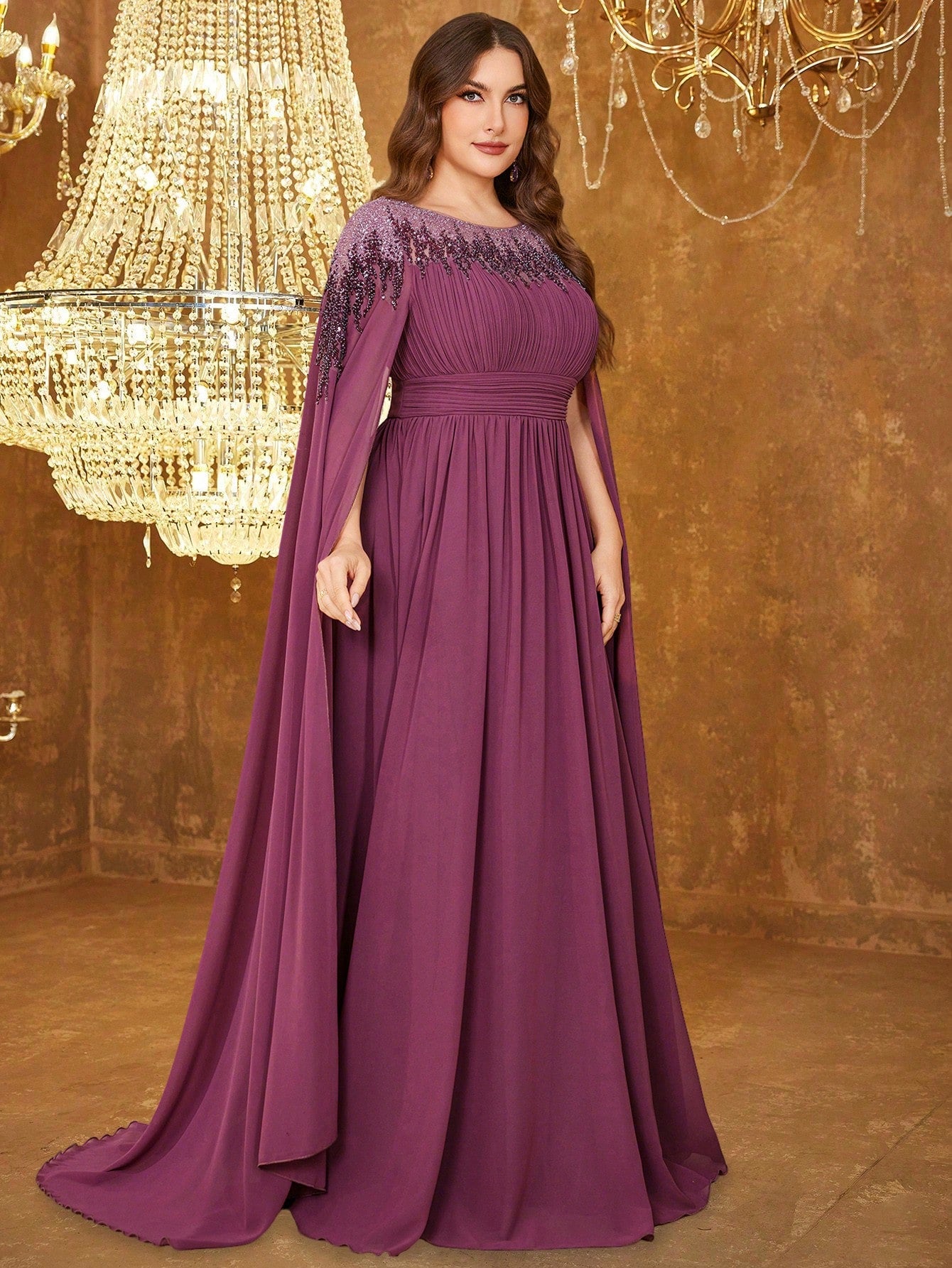 Plus Stand Collar Cape Sleeve Sequin Patchwork Slim-Fitting Evening Dress