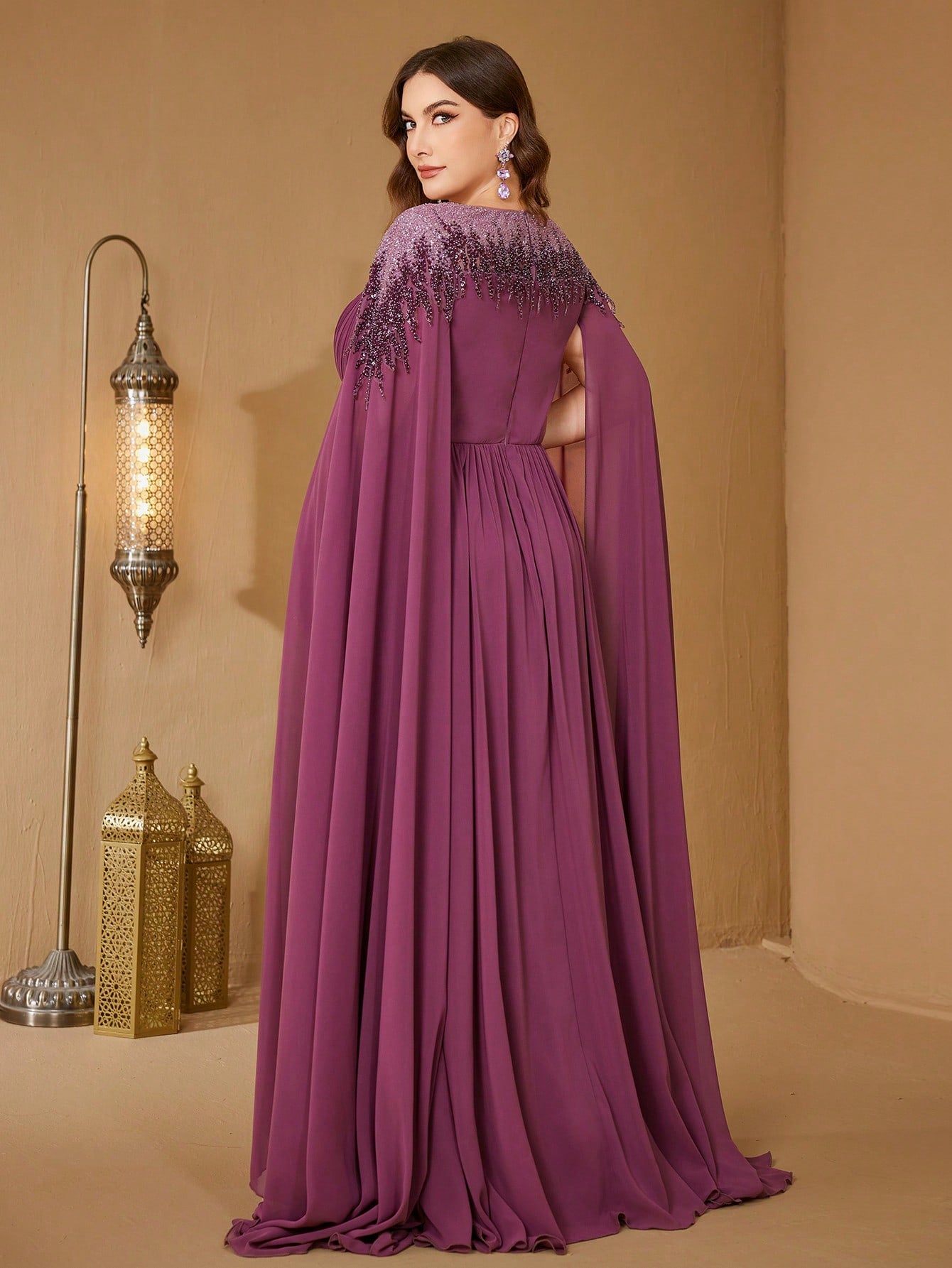 Plus Stand Collar Cape Sleeve Sequin Patchwork Slim-Fitting Evening Dress