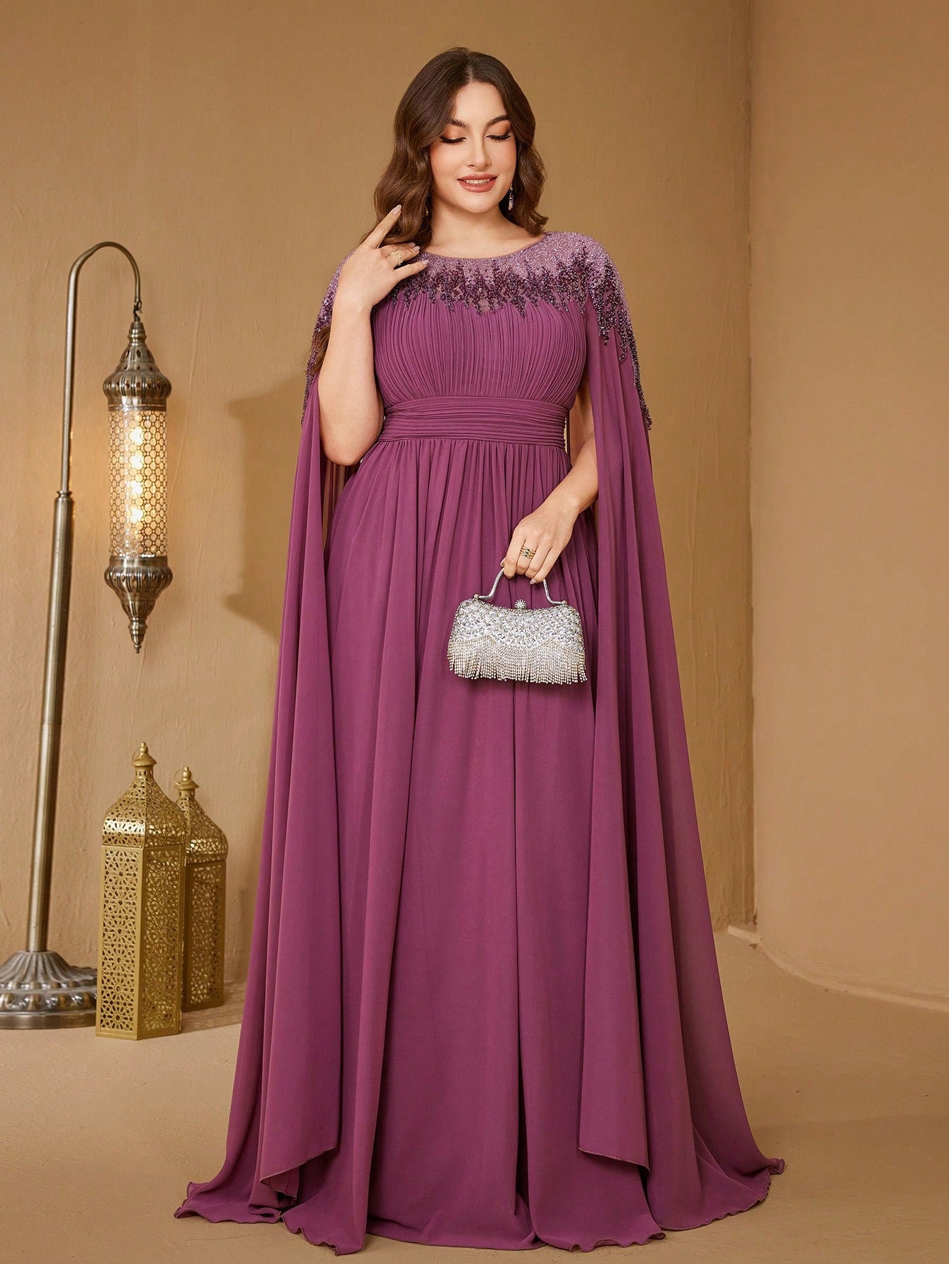 Plus Stand Collar Cape Sleeve Sequin Patchwork Slim-Fitting Evening Dress