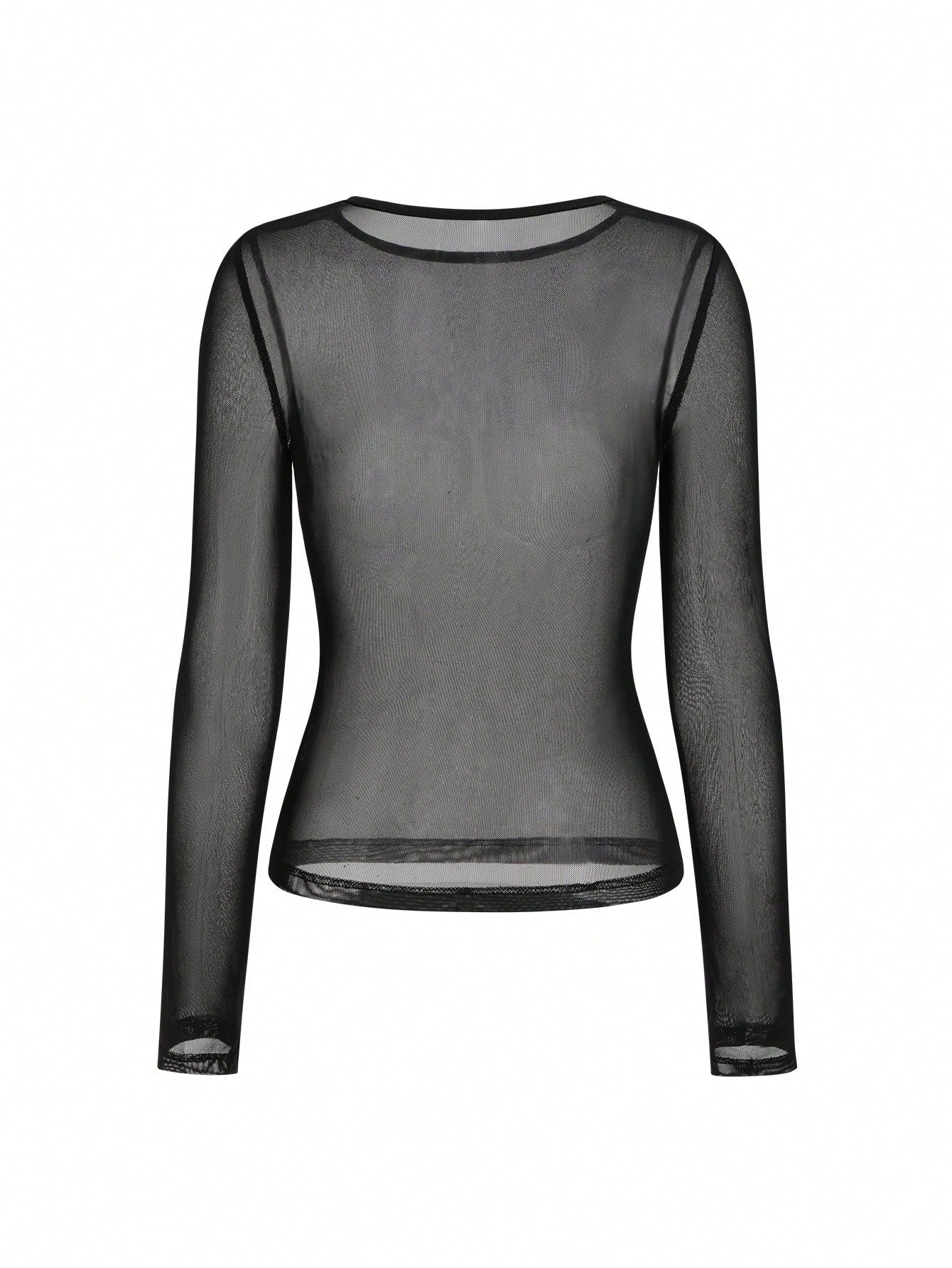 Sheer Mesh Long Sleeve Fitted Black Top