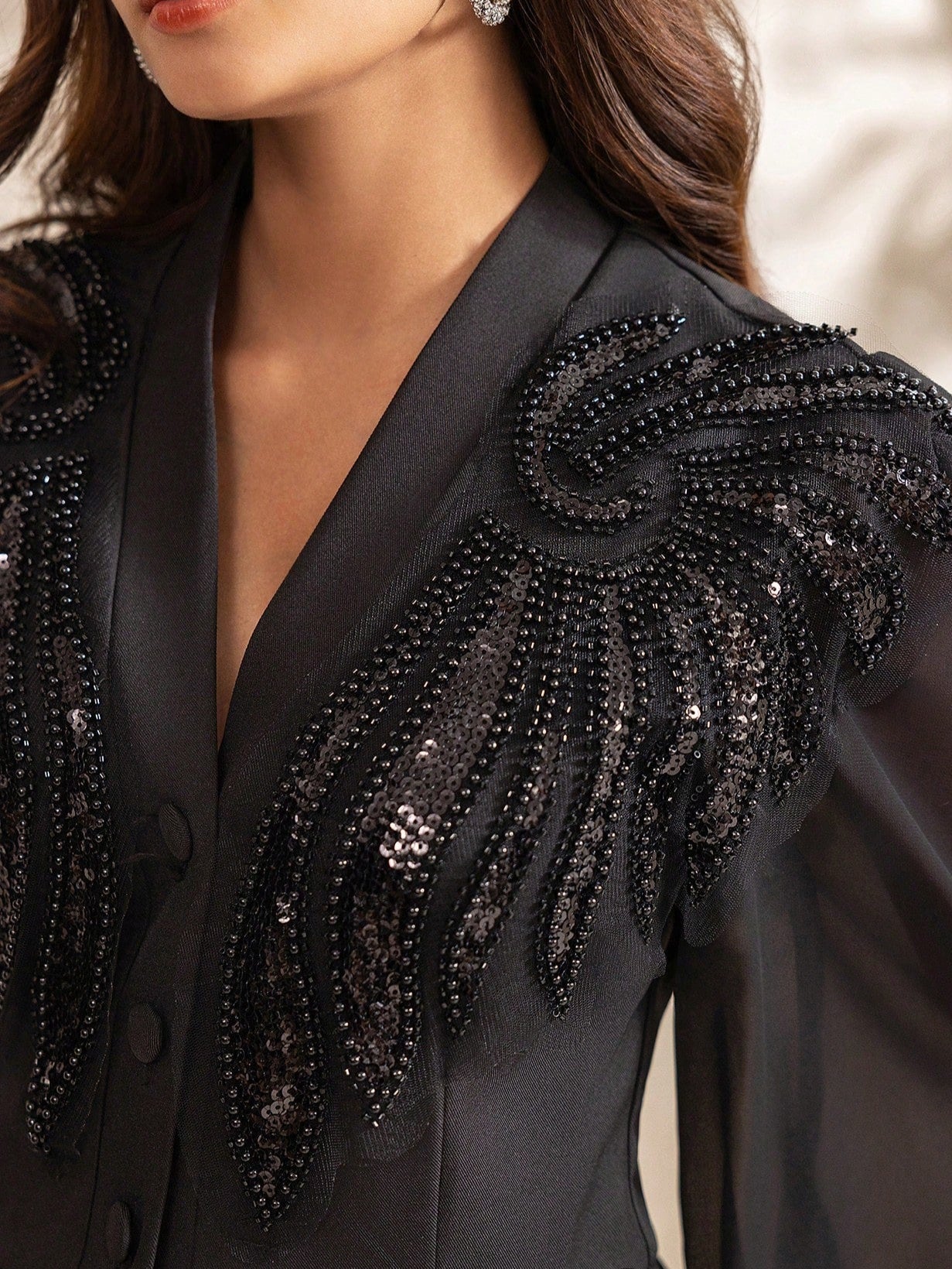 Rhinestone Jacquard V-Neck Puff Long Sleeve Embroidered Top Blouse