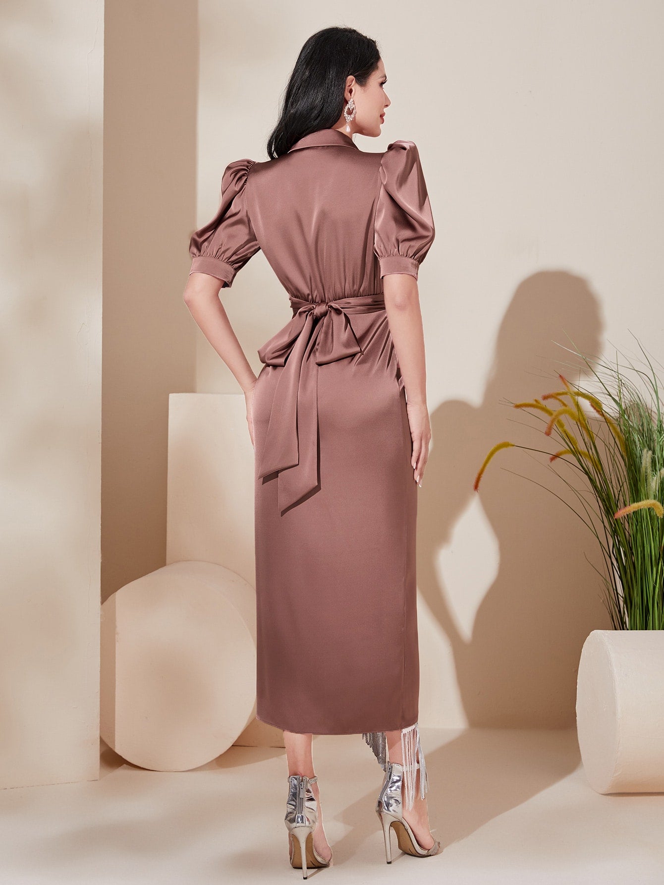 Puff Sleeve Fringe Trim Wrap Hem Tie Back Dress