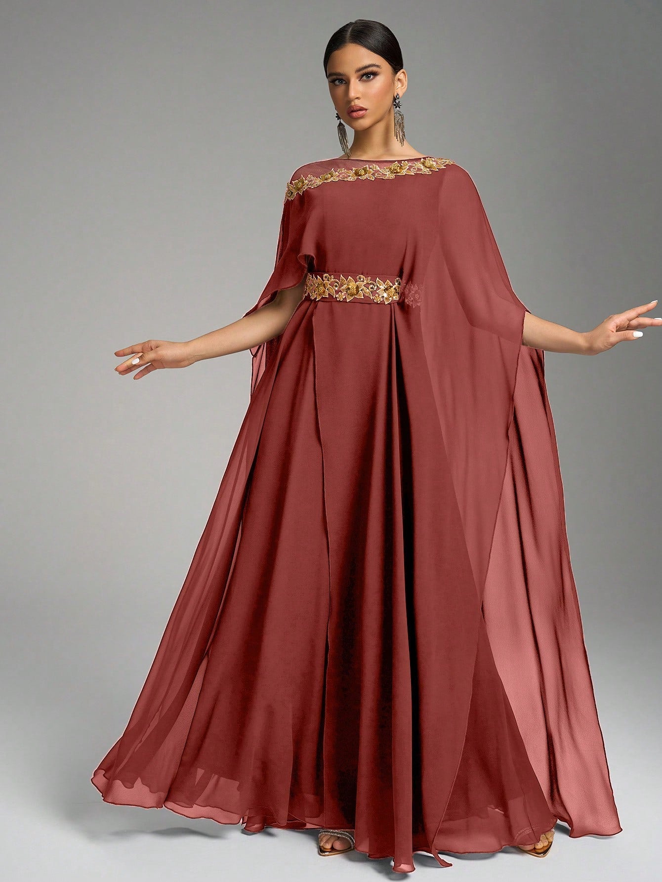 Round Neck Puff Sleeve Sequin Embroidery Cinched Waist Formal Evening Dress
