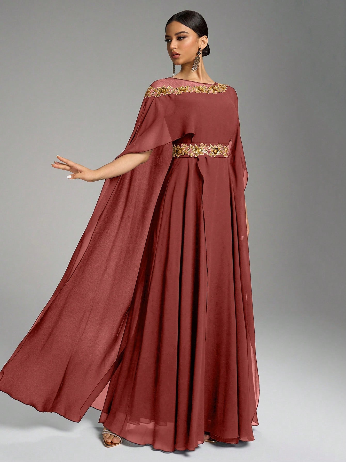Round Neck Puff Sleeve Sequin Embroidery Cinched Waist Formal Evening Dress