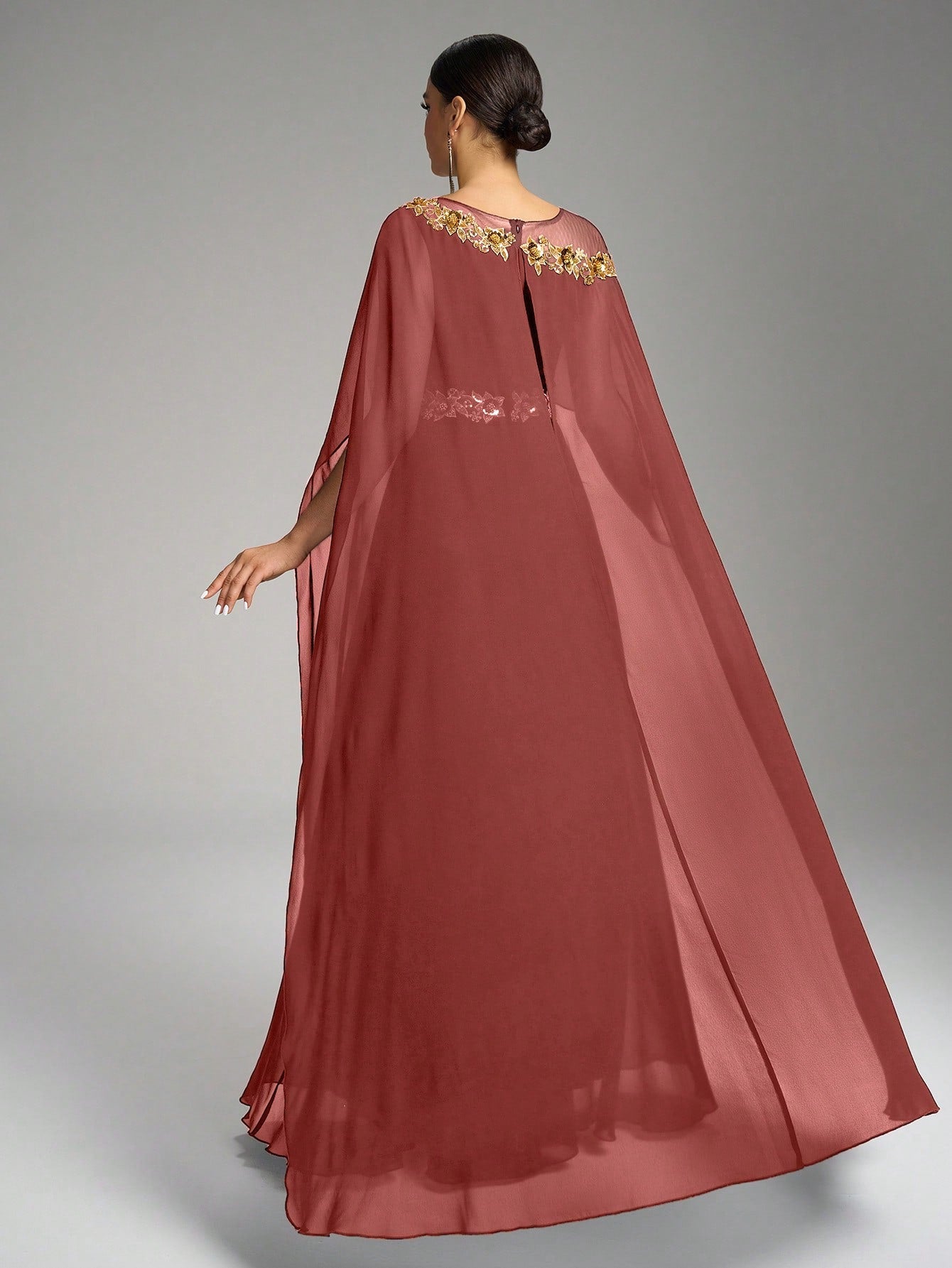 Round Neck Puff Sleeve Sequin Embroidery Cinched Waist Formal Evening Dress