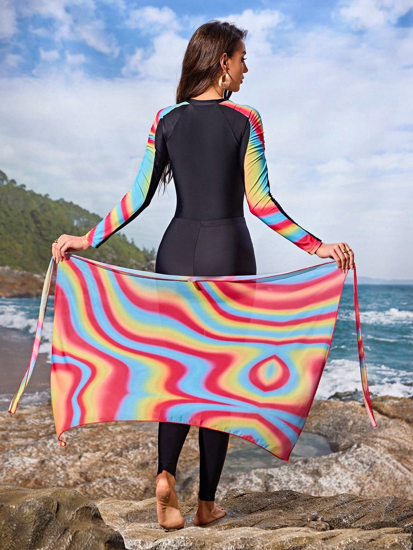 Splice Sleeve Print 3 PC Long Pants Mesh Skirt Swimwear Set