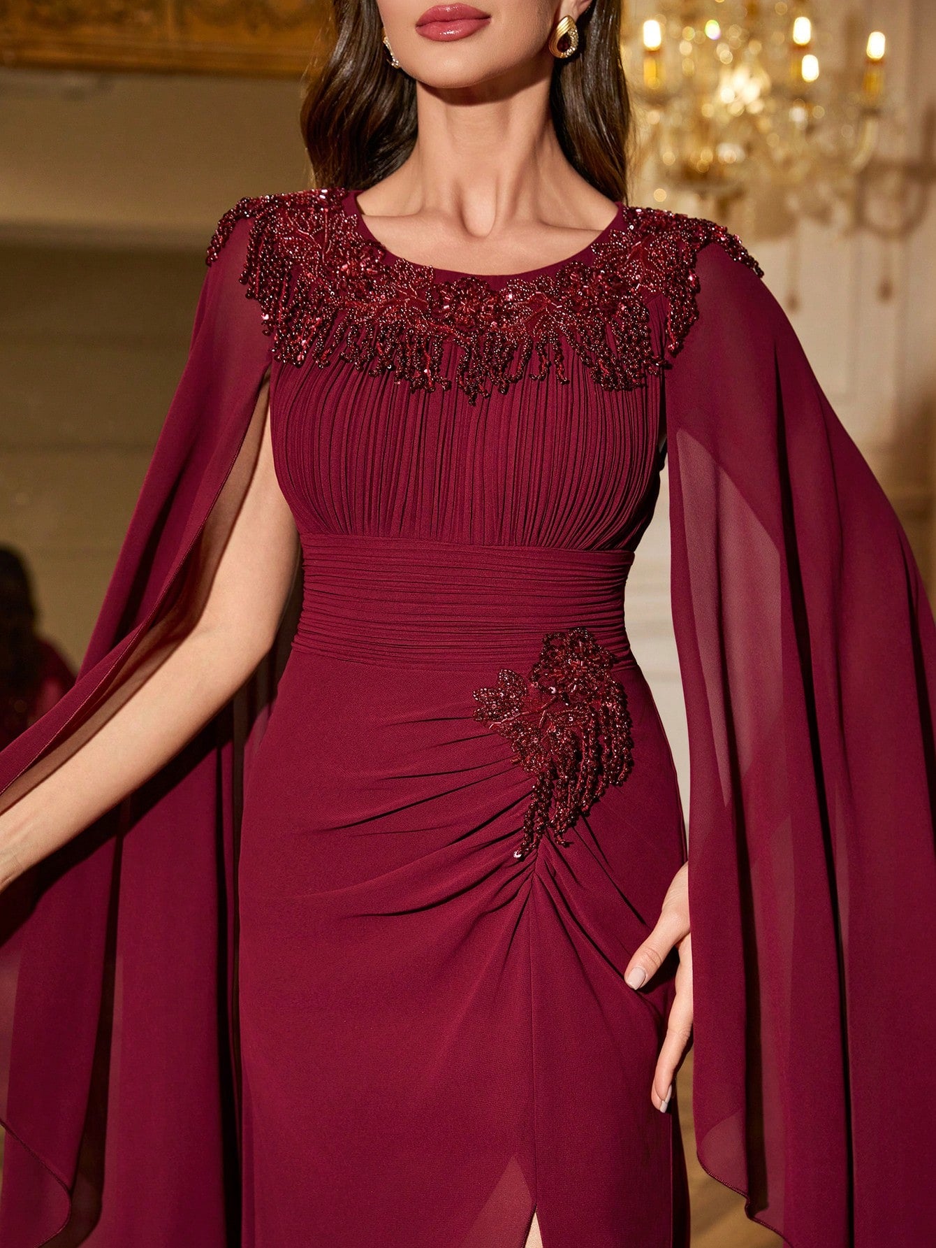 Round Neck Cape Sleeve Ruched Waist Slim Fit Dress With Handcraft Beading Evening Dress