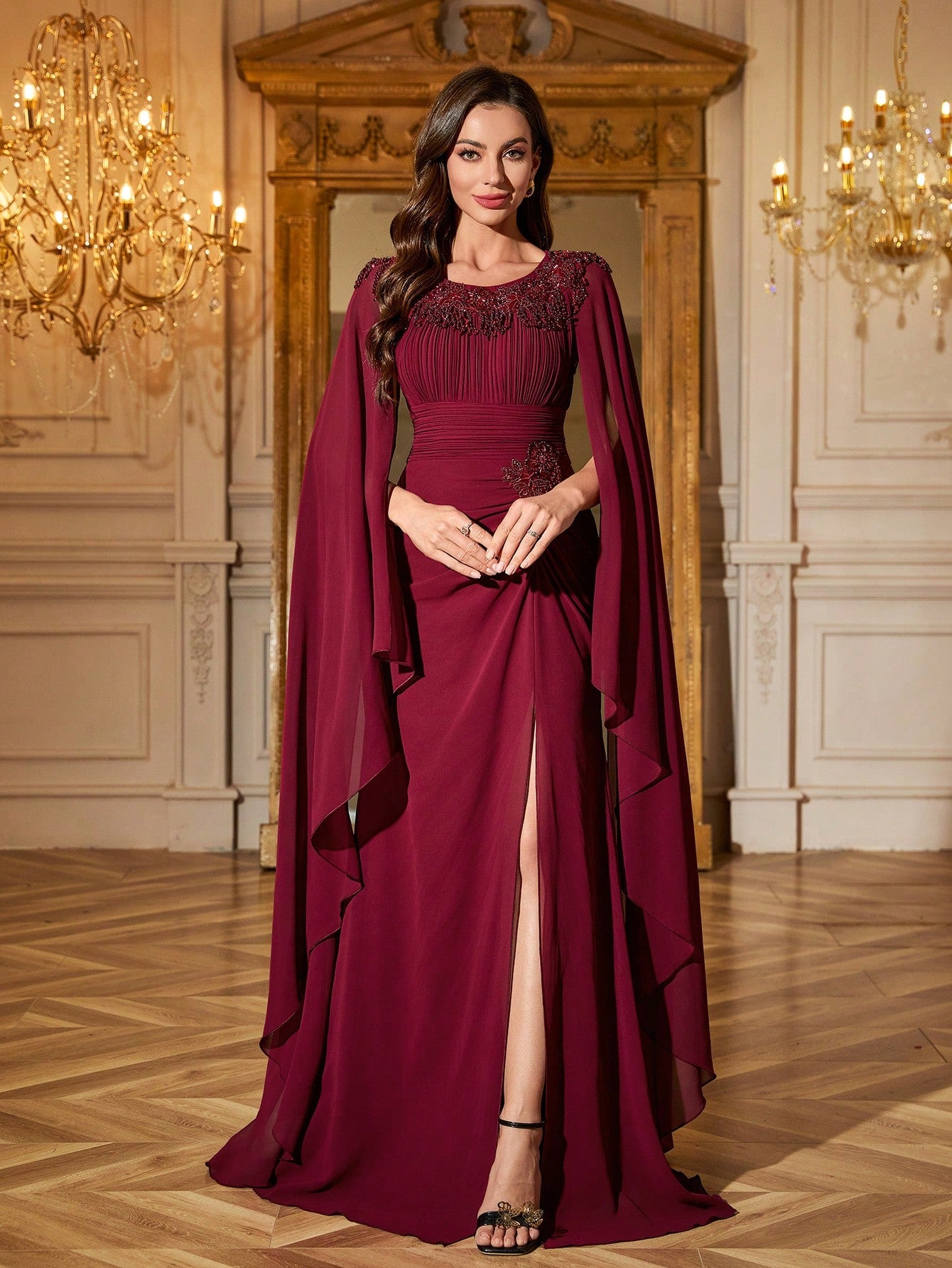 Round Neck Cape Sleeve Ruched Waist Slim Fit Dress With Handcraft Beading Evening Dress