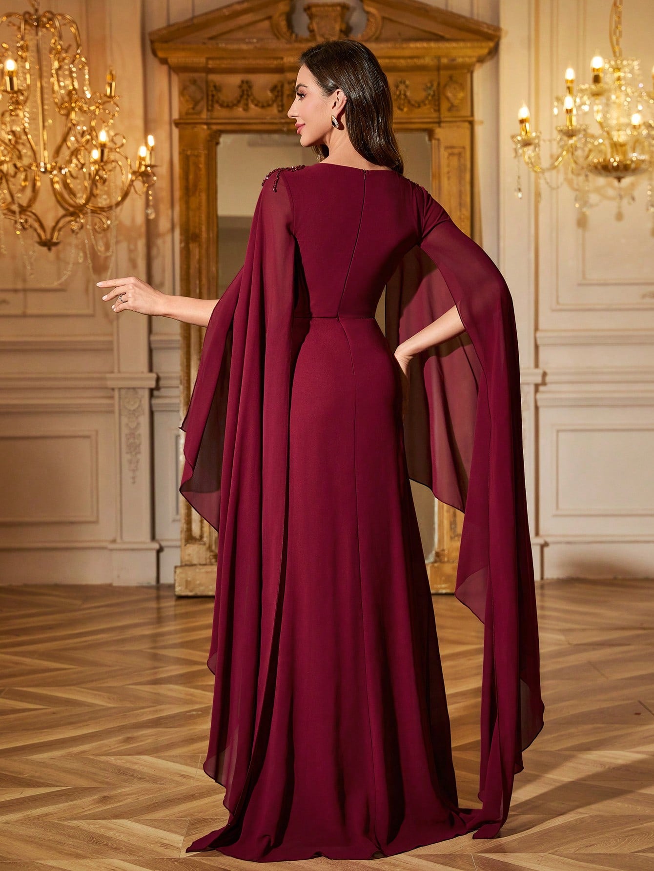 Round Neck Cape Sleeve Ruched Waist Slim Fit Dress With Handcraft Beading Evening Dress