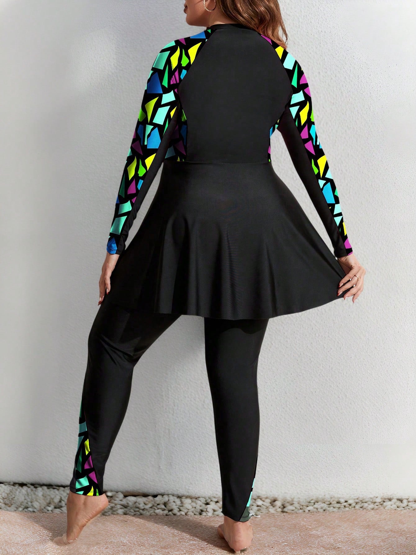 Plus Size Color Block Long Sleeve Summer Burkini Swimwear