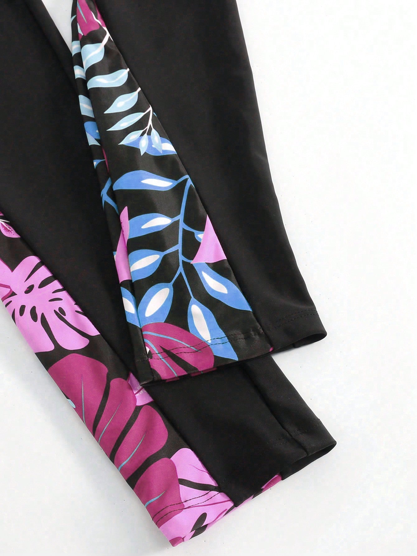 Printed High Neck Zipper Top With Ruffle Hem Long Sleeve And Pants Swimwear Set