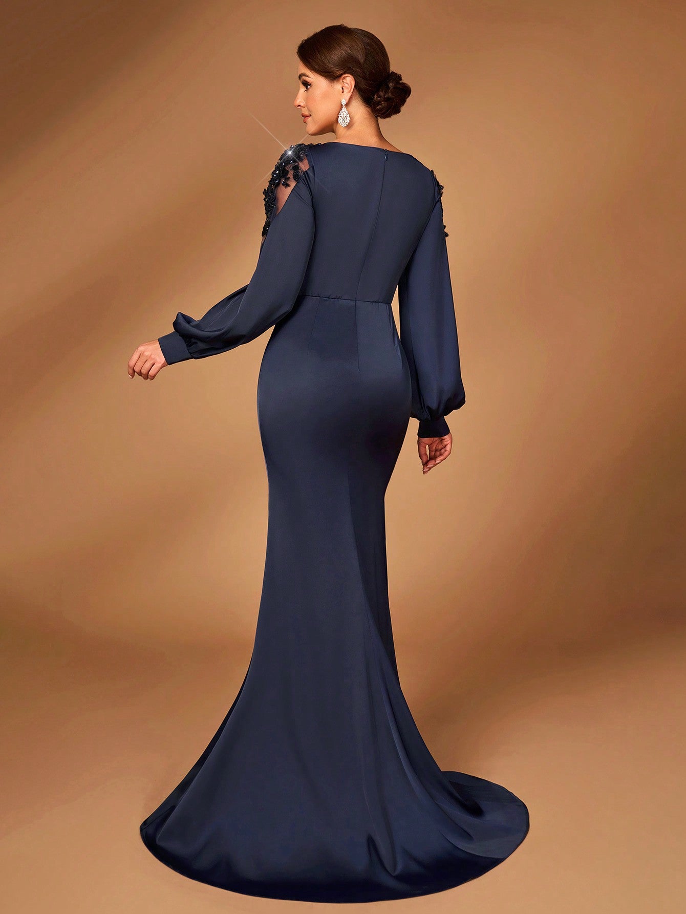 Navy Blue V-Neck Sheer Long Sleeve Ruched Fishtail Evening Dress