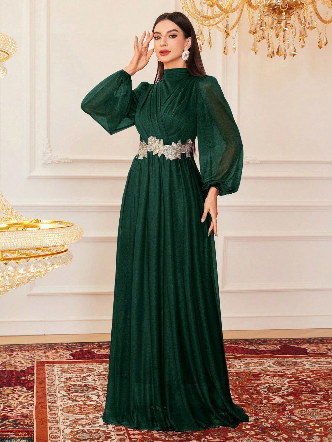 Stand Collar Pleated Long Sleeve Arabian Modest Dress