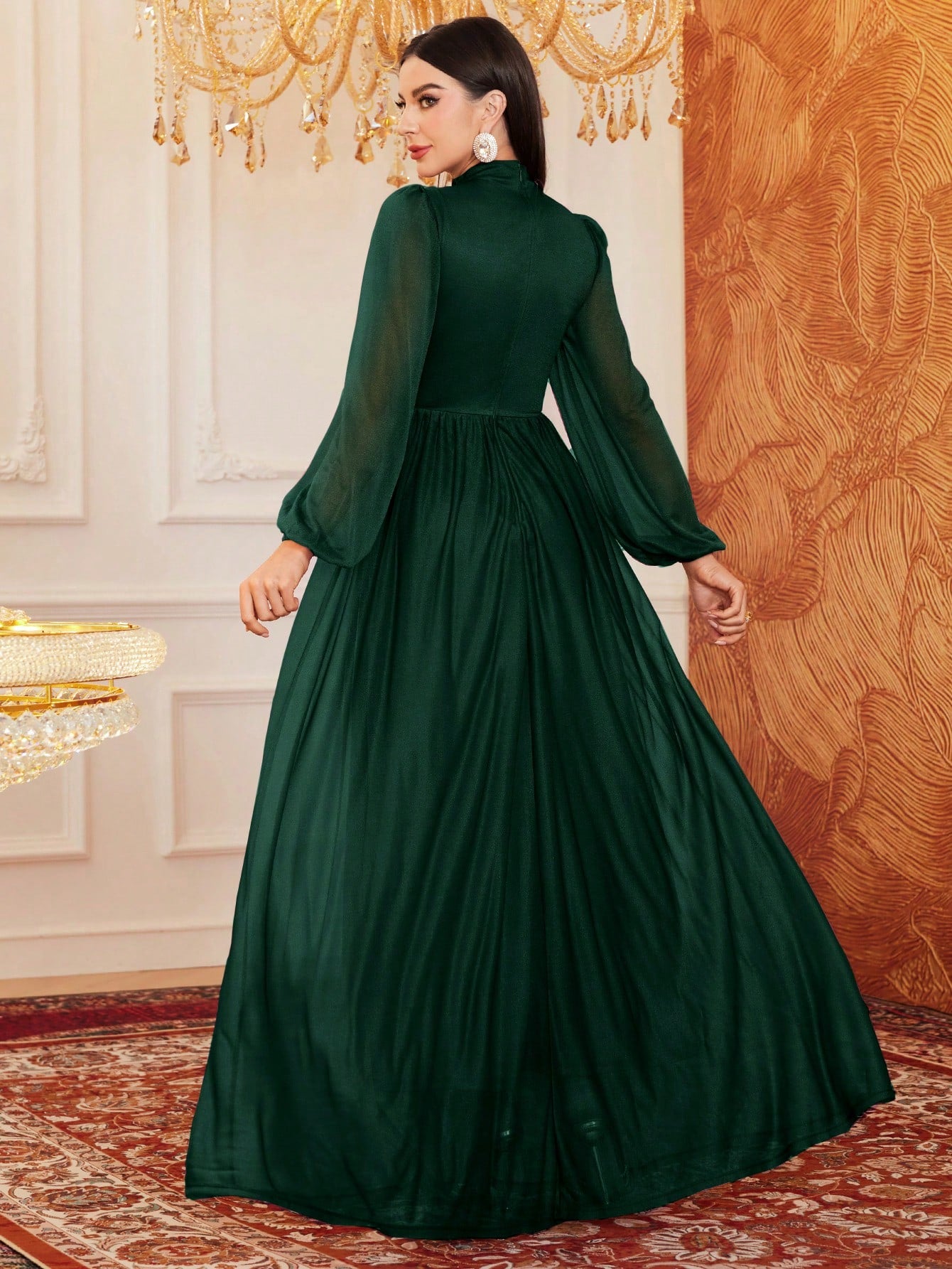 Stand Collar Pleated Long Sleeve Arabian Modest Dress
