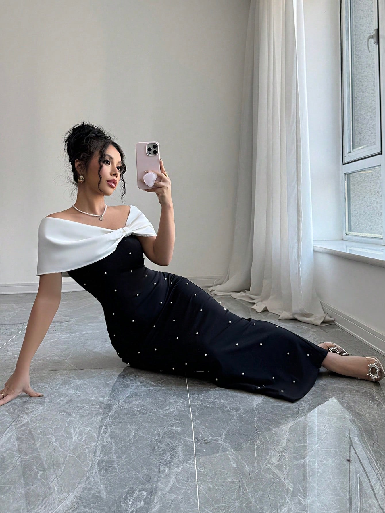 Contrast Color Off Shoulder Pearl Decor Bodycon Elegant Dress