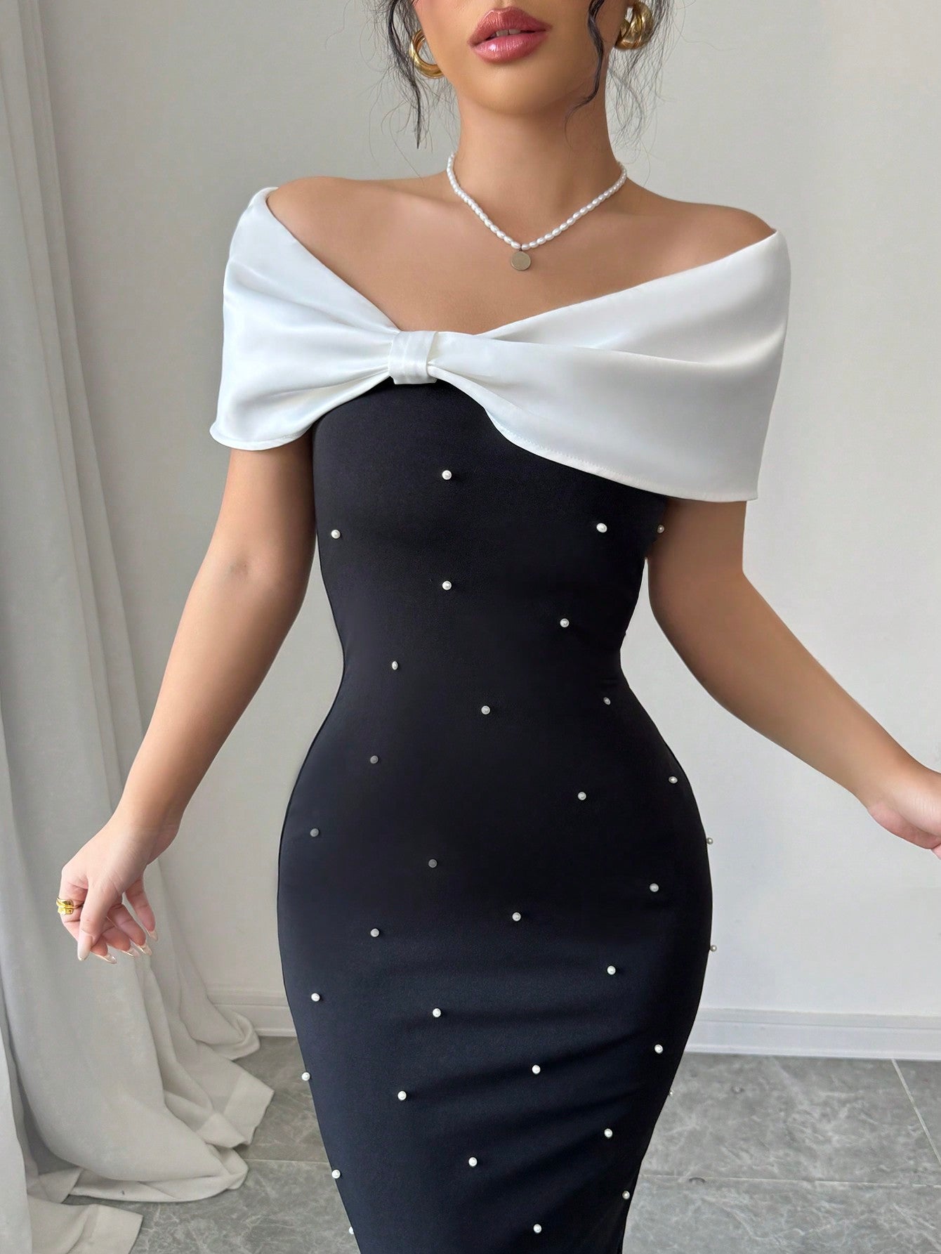 Contrast Color Off Shoulder Pearl Decor Bodycon Elegant Dress