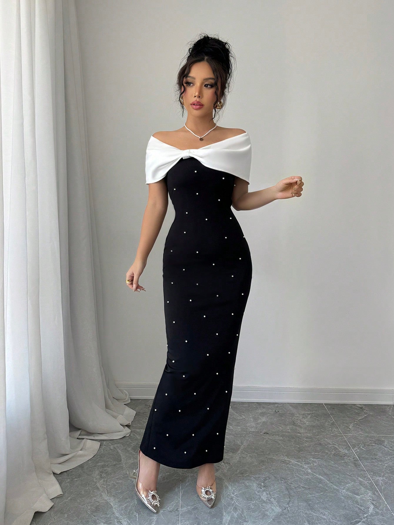 Contrast Color Off Shoulder Pearl Decor Bodycon Elegant Dress
