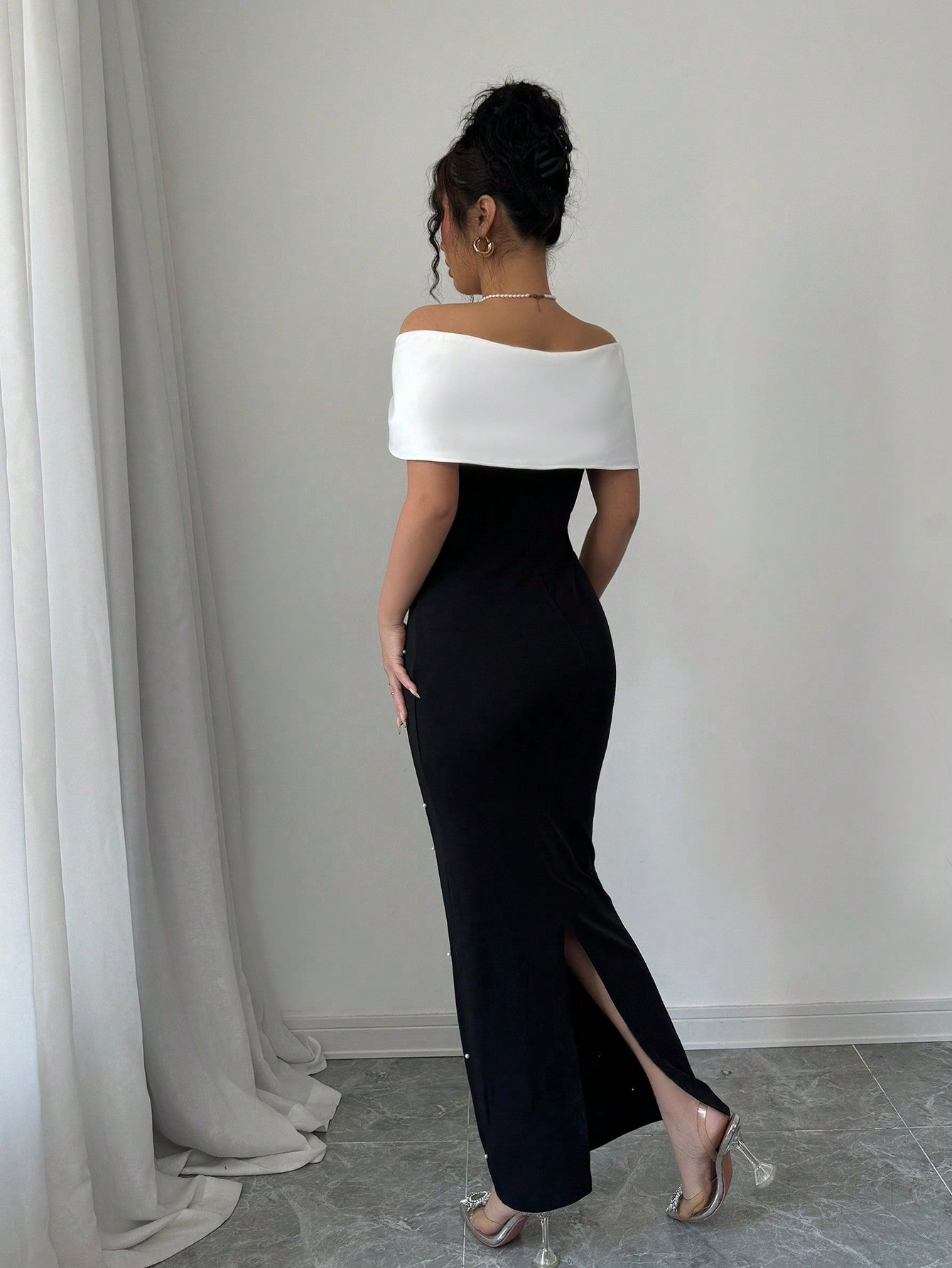 Contrast Color Off Shoulder Pearl Decor Bodycon Elegant Dress