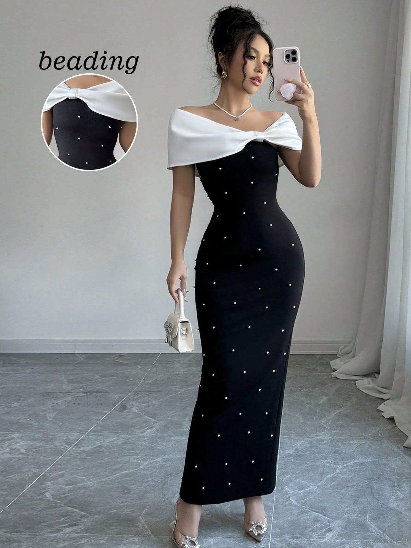 Contrast Color Off Shoulder Pearl Decor Bodycon Elegant Dress
