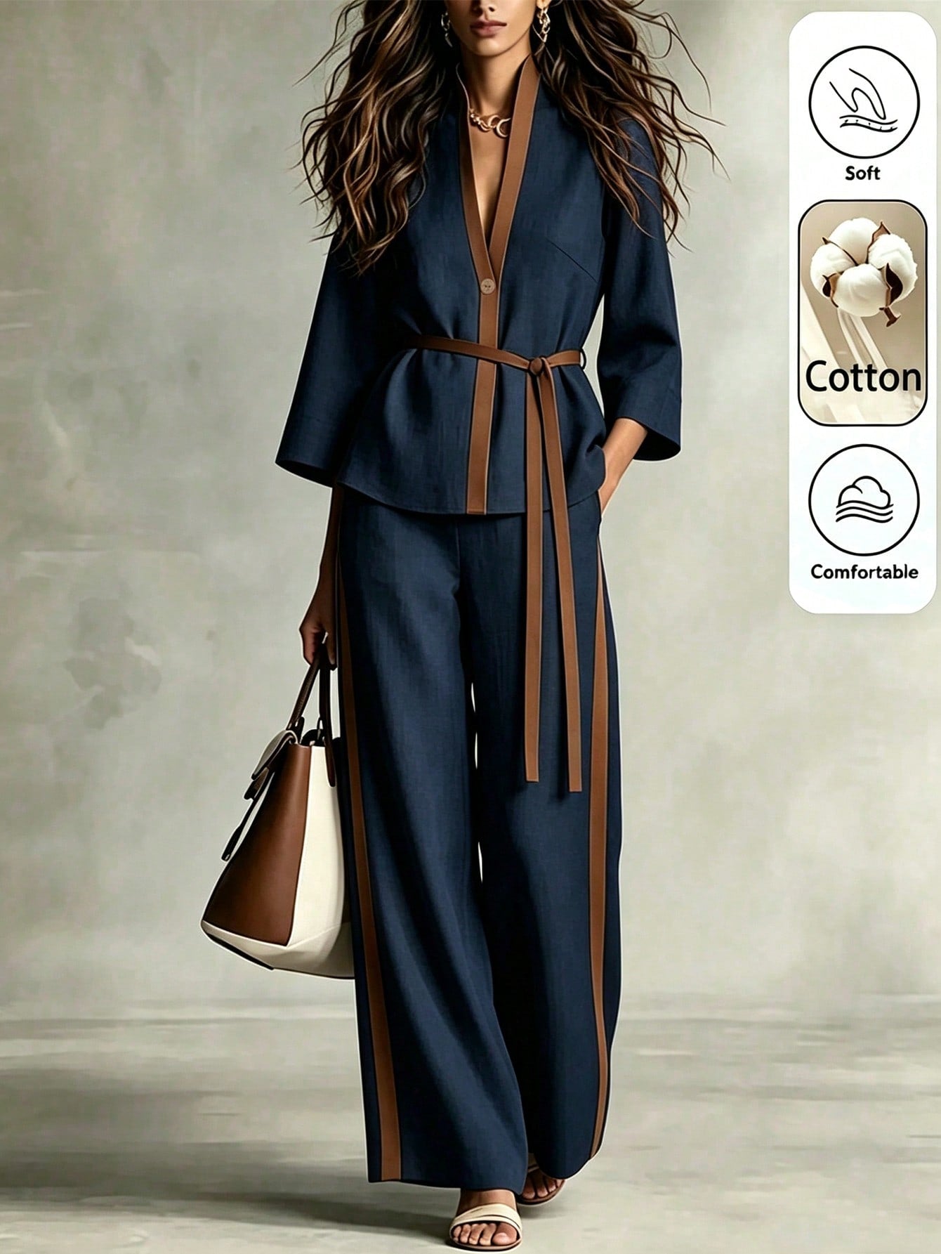 Patchwork Design Stand Collar V-Neck Waist-Cinching Belt Tie Loose Straight Leg Pants Set