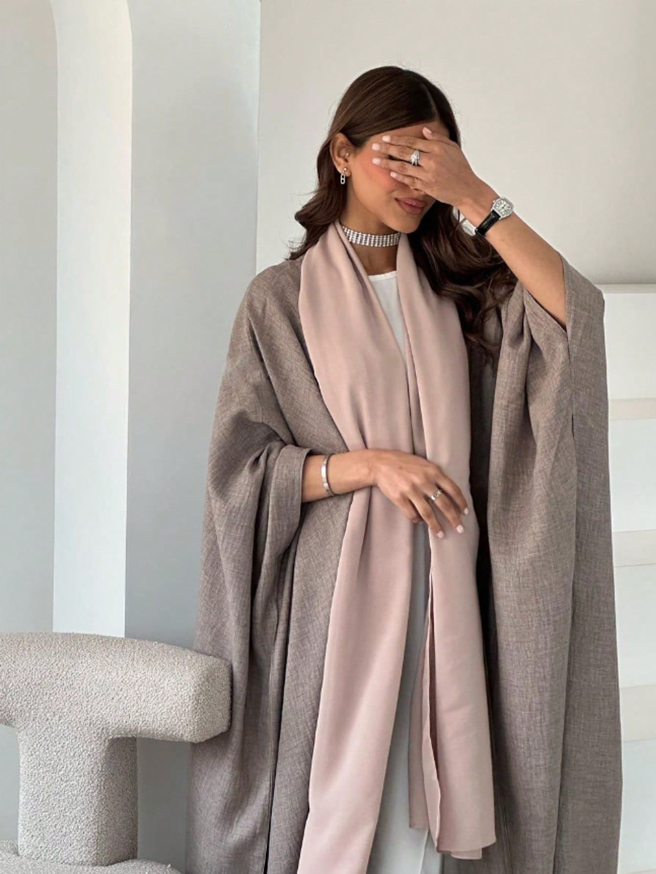 Linen Long Batwing Sleeve Dress Abaya