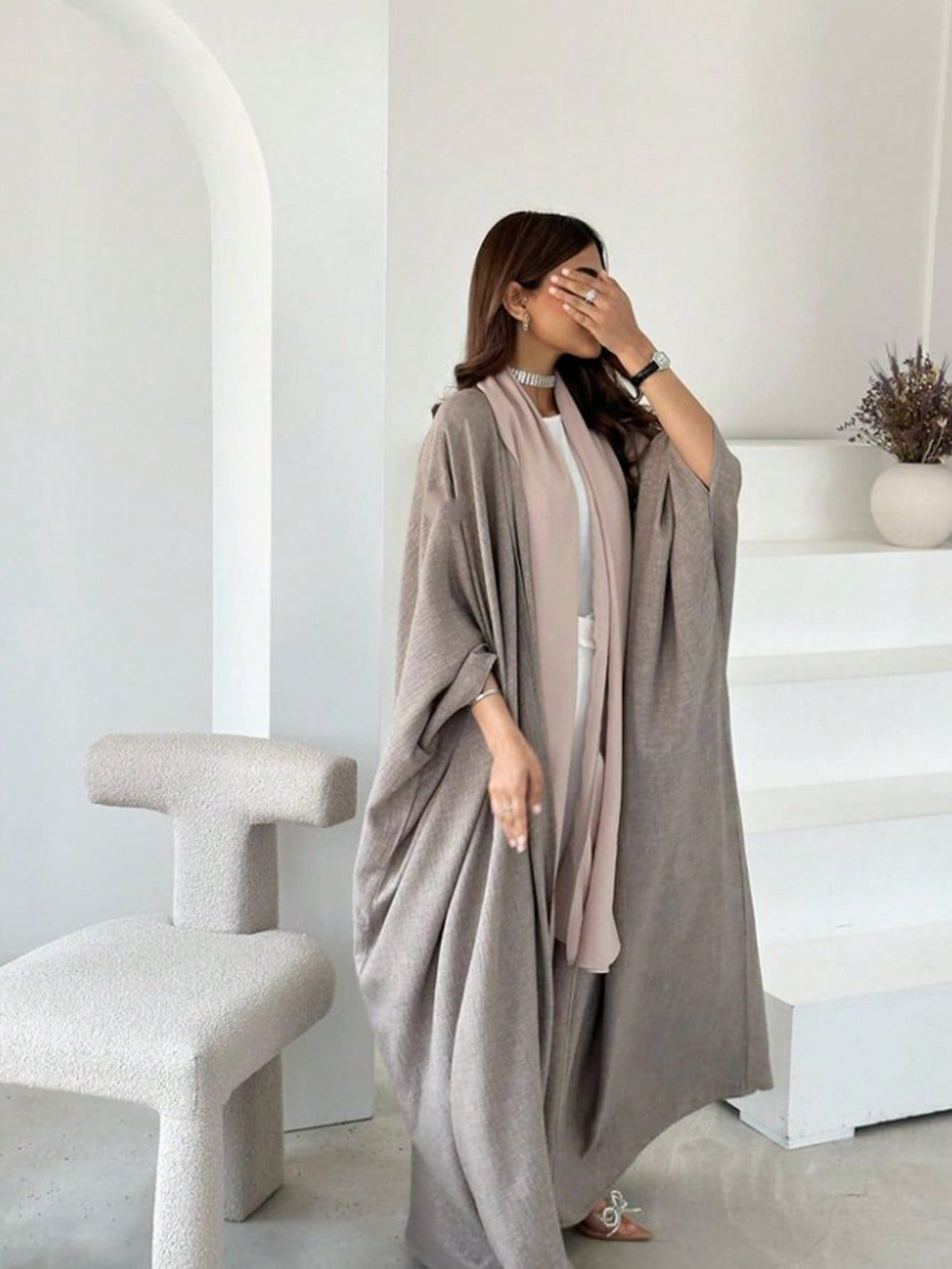 Linen Long Batwing Sleeve Dress Abaya