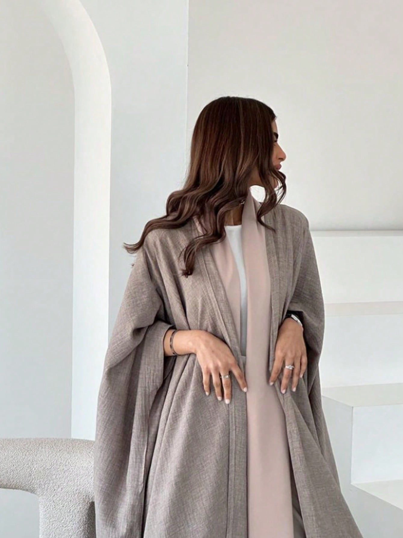 Linen Long Batwing Sleeve Dress Abaya
