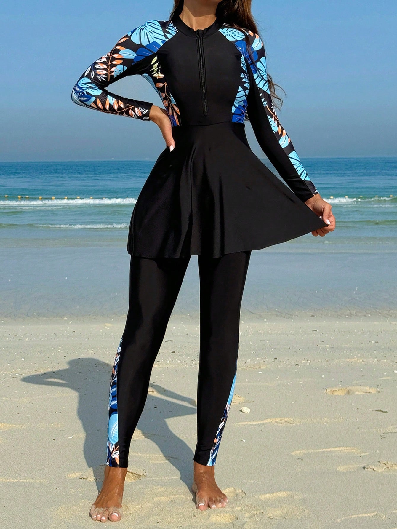 Printed High Neck Zipper Top With Ruffle Hem Long Sleeve And Pants Swimwear Set