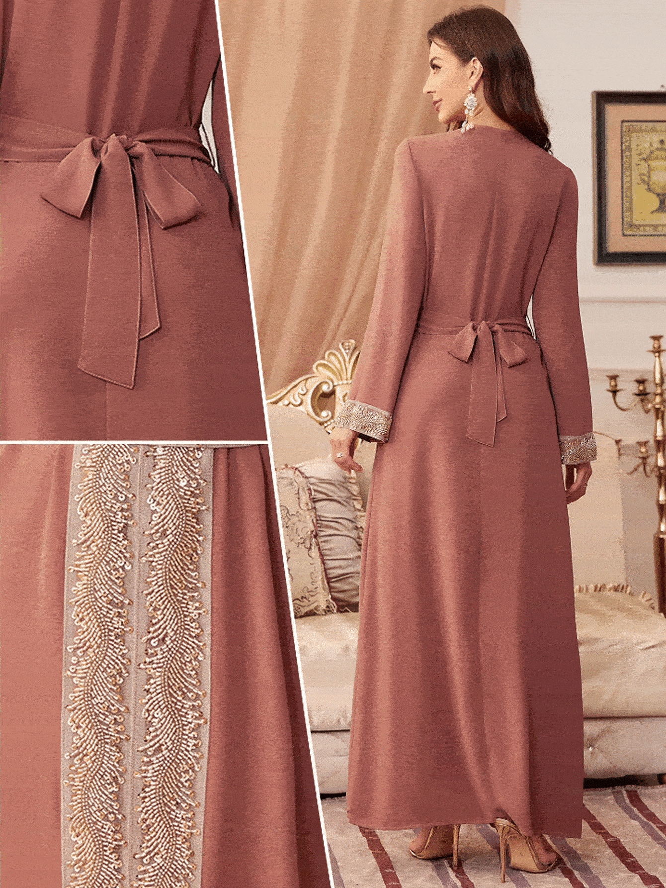 Long Sequin Splicing Slit Modest Long Sleeve Dress